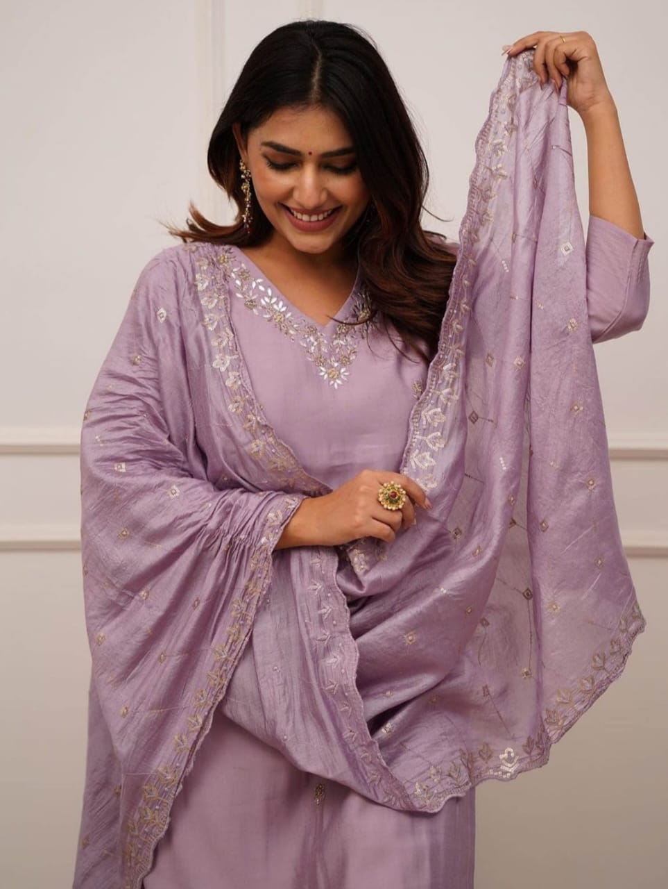 Lavender Embroidered Reyon Slub Suit Set with Chanderi Dupatta