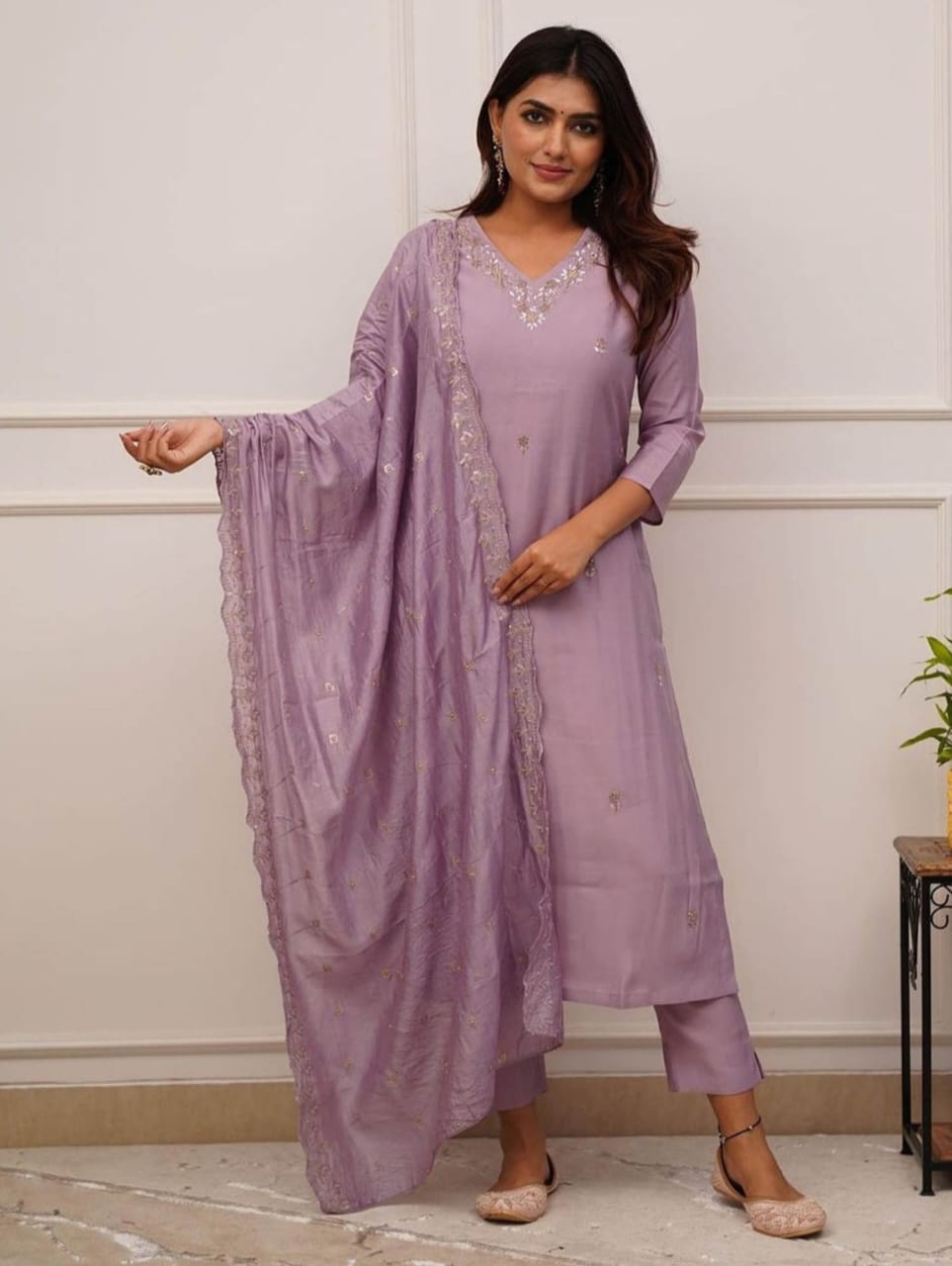 Lavender Embroidered Reyon Slub Suit Set with Chanderi Dupatta