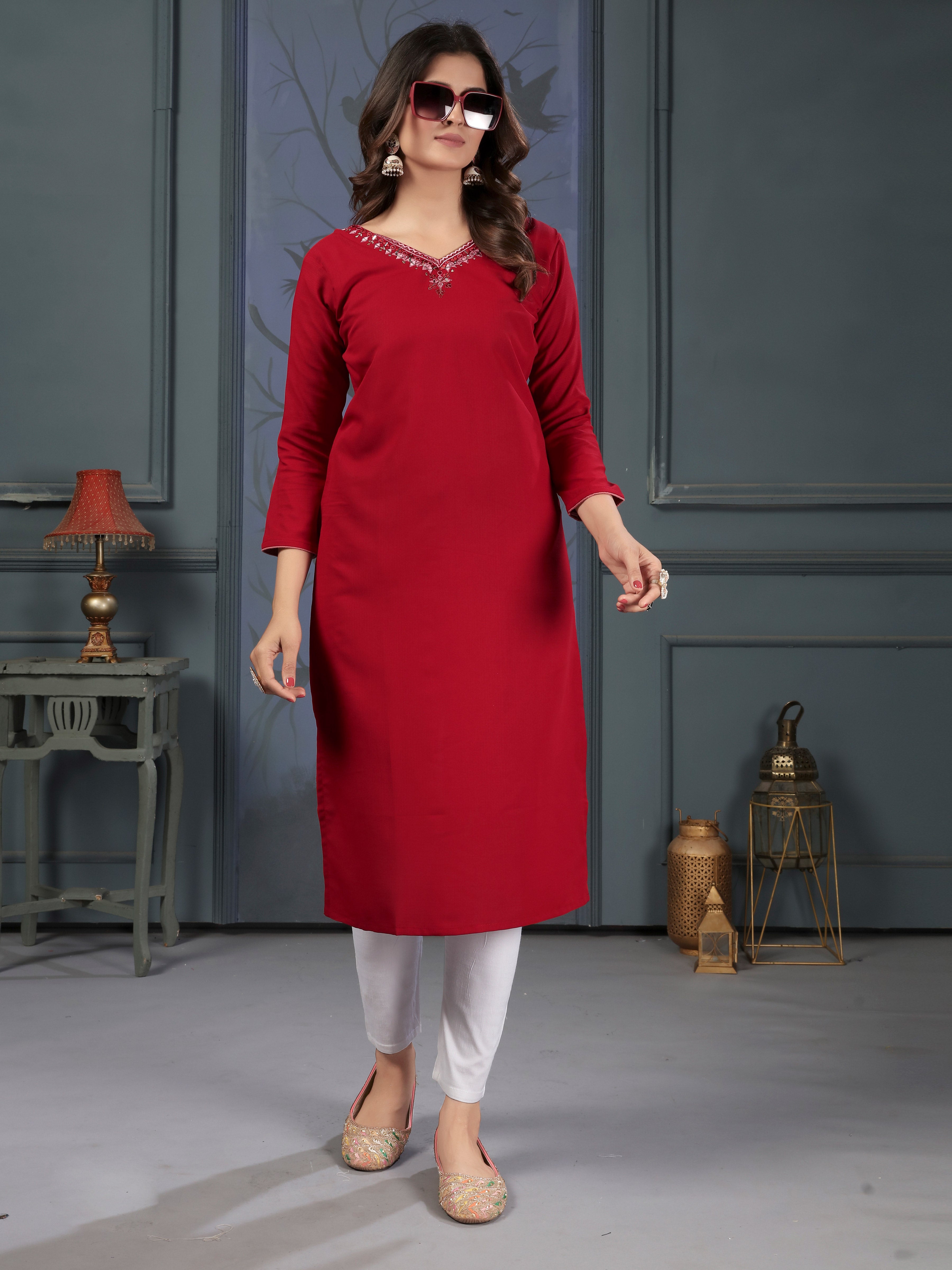 Daily Casual Wear Maroon Cotton Handwork Embroidery Kurta for Women
