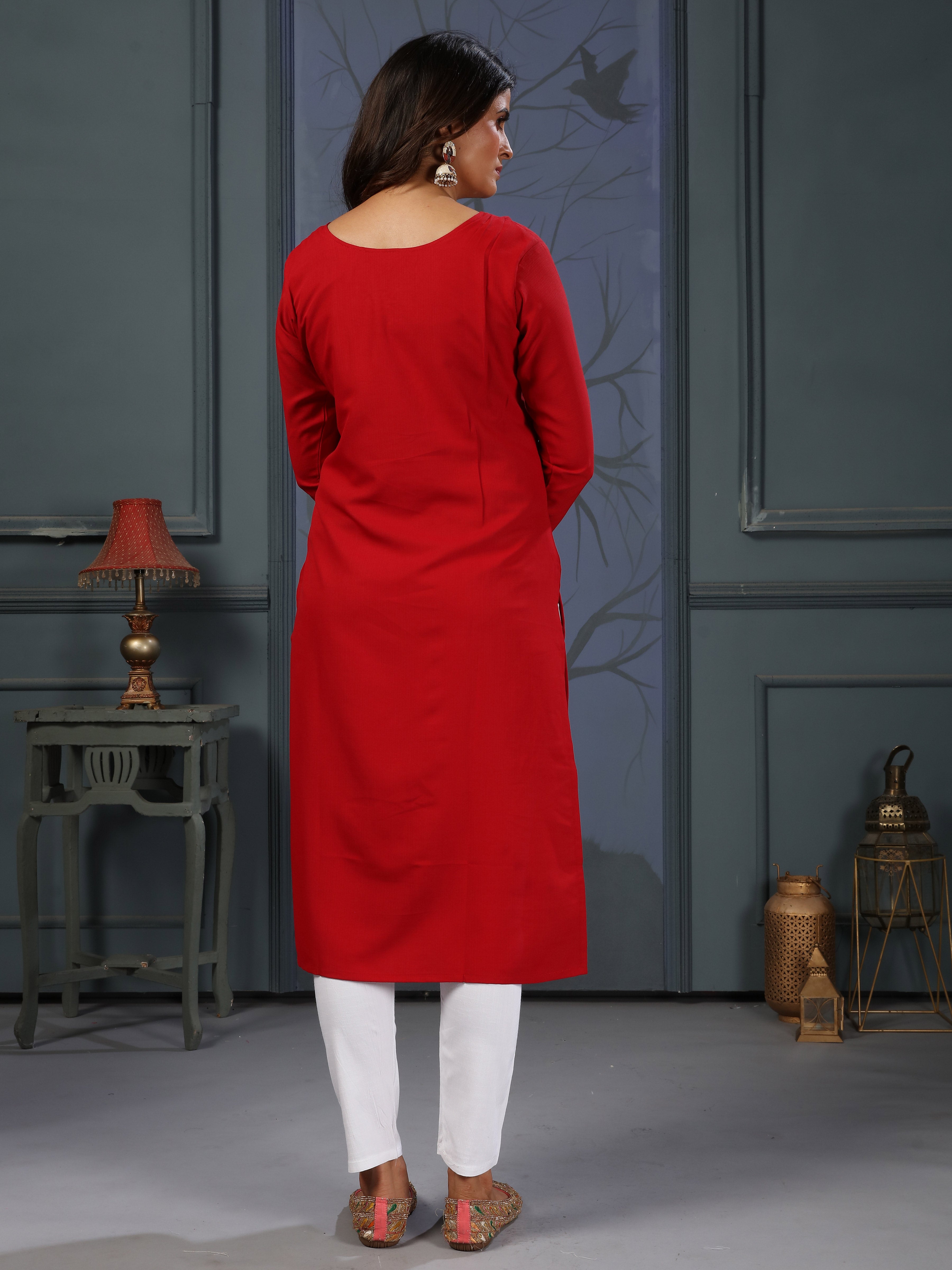 Daily Casual Wear Maroon Cotton Handwork Embroidery Kurta for Women