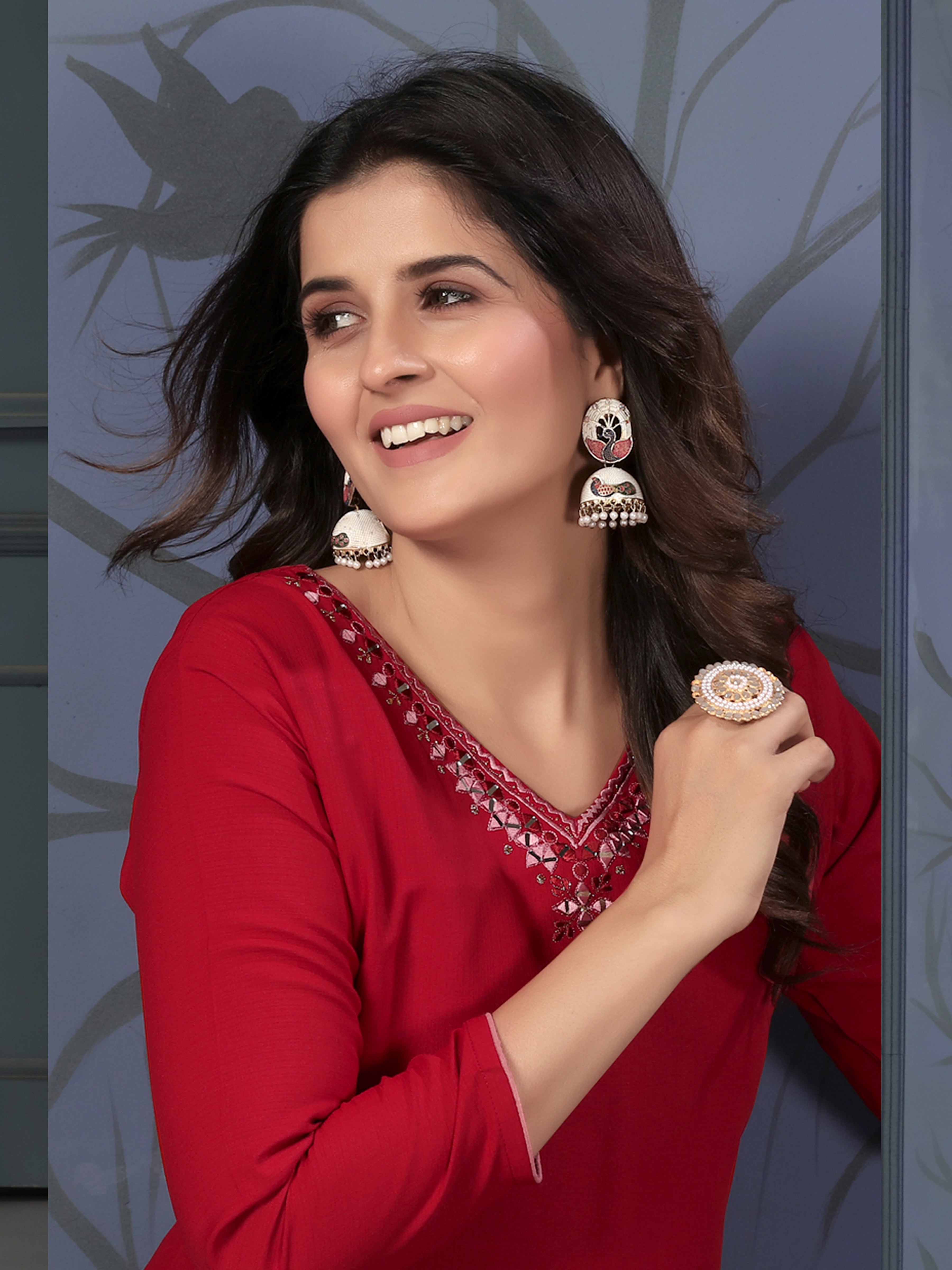 Daily Casual Wear Maroon Cotton Handwork Embroidery Kurta for Women