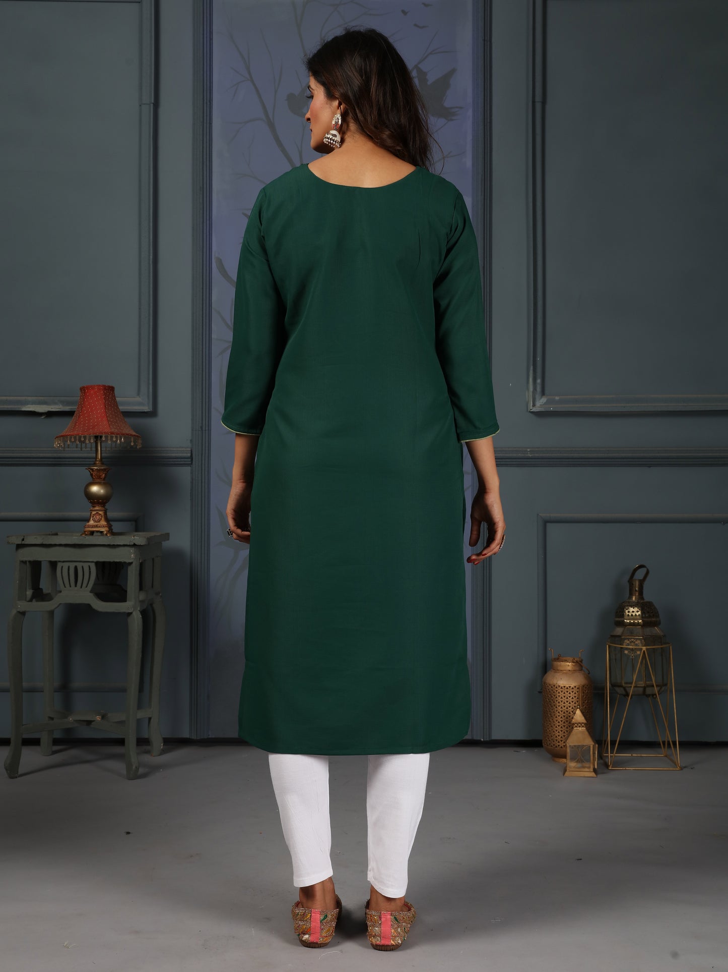 Daily Casual Wear Green Cotton Handwork Embroidery Kurta for Women