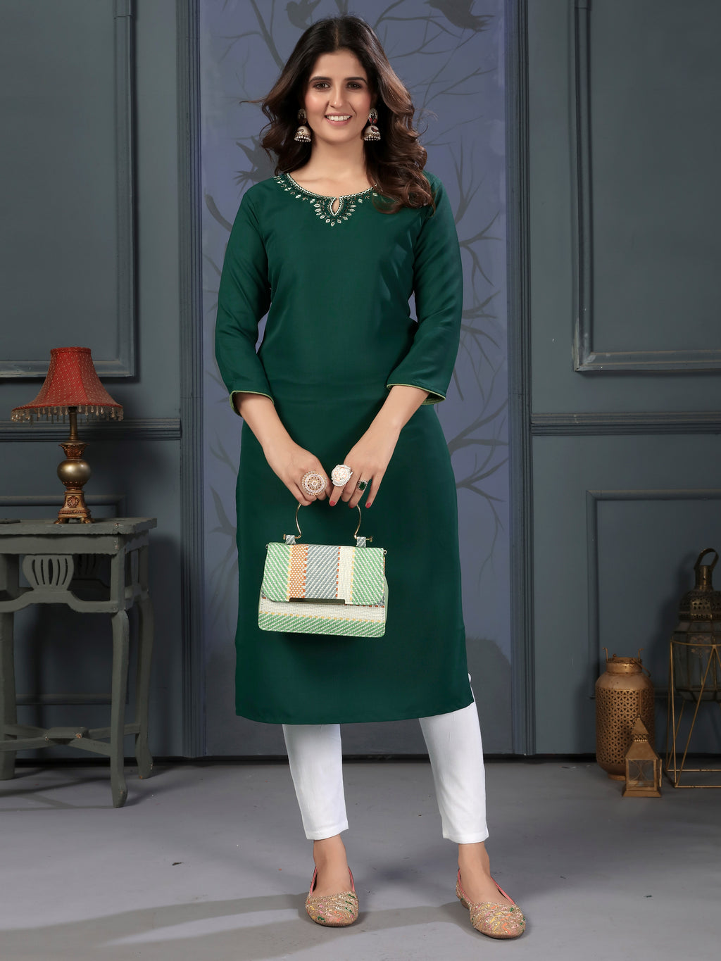 Daily Casual Wear Green Cotton Handwork Embroidery Kurta for Women