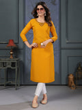 Daily Casual Wear Mustard Yellow Cotton Handwork Embroidery Kurta for Women