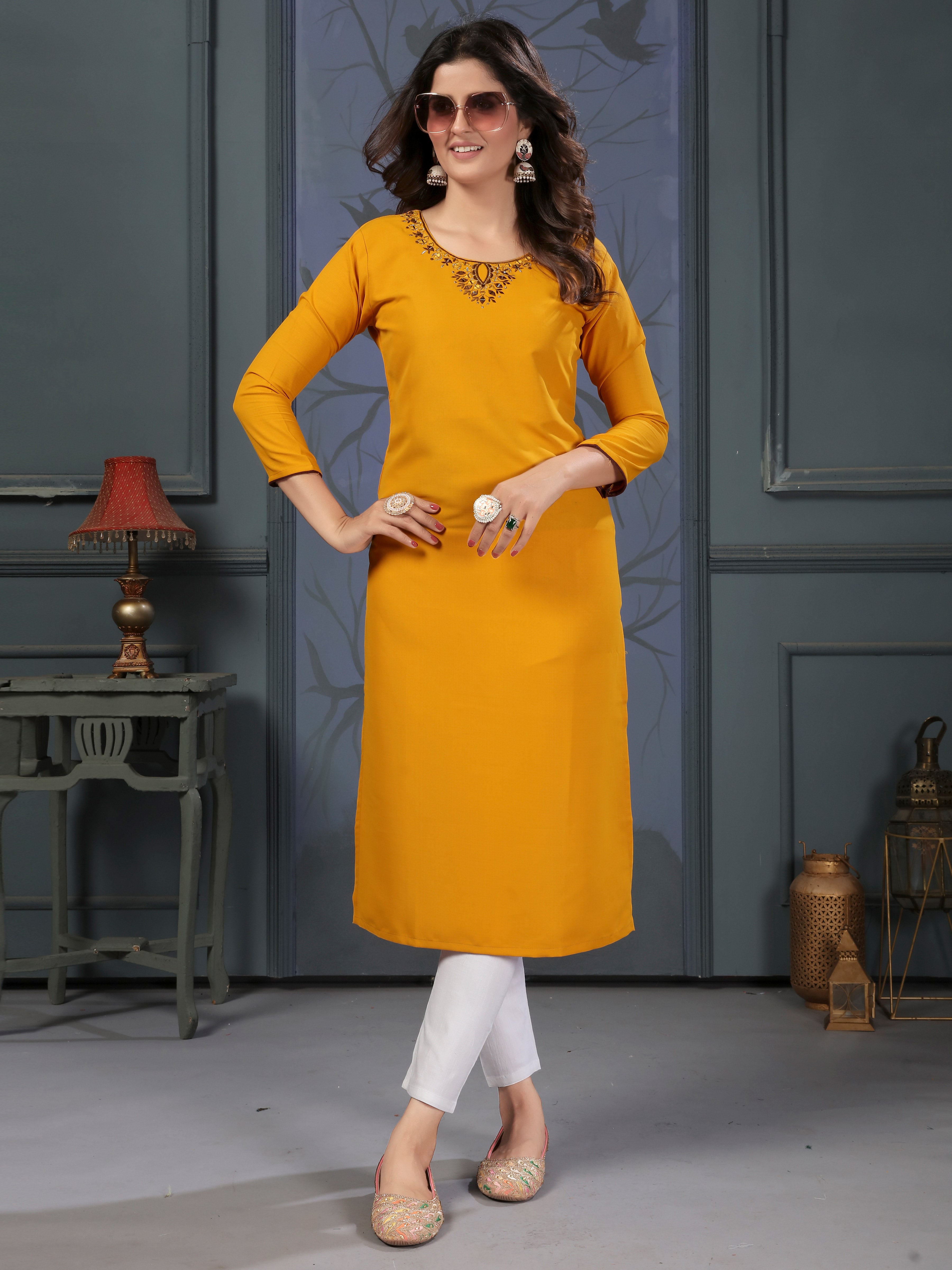 Daily Casual Wear Mustard Yellow Cotton Handwork Embroidery Kurta for Women