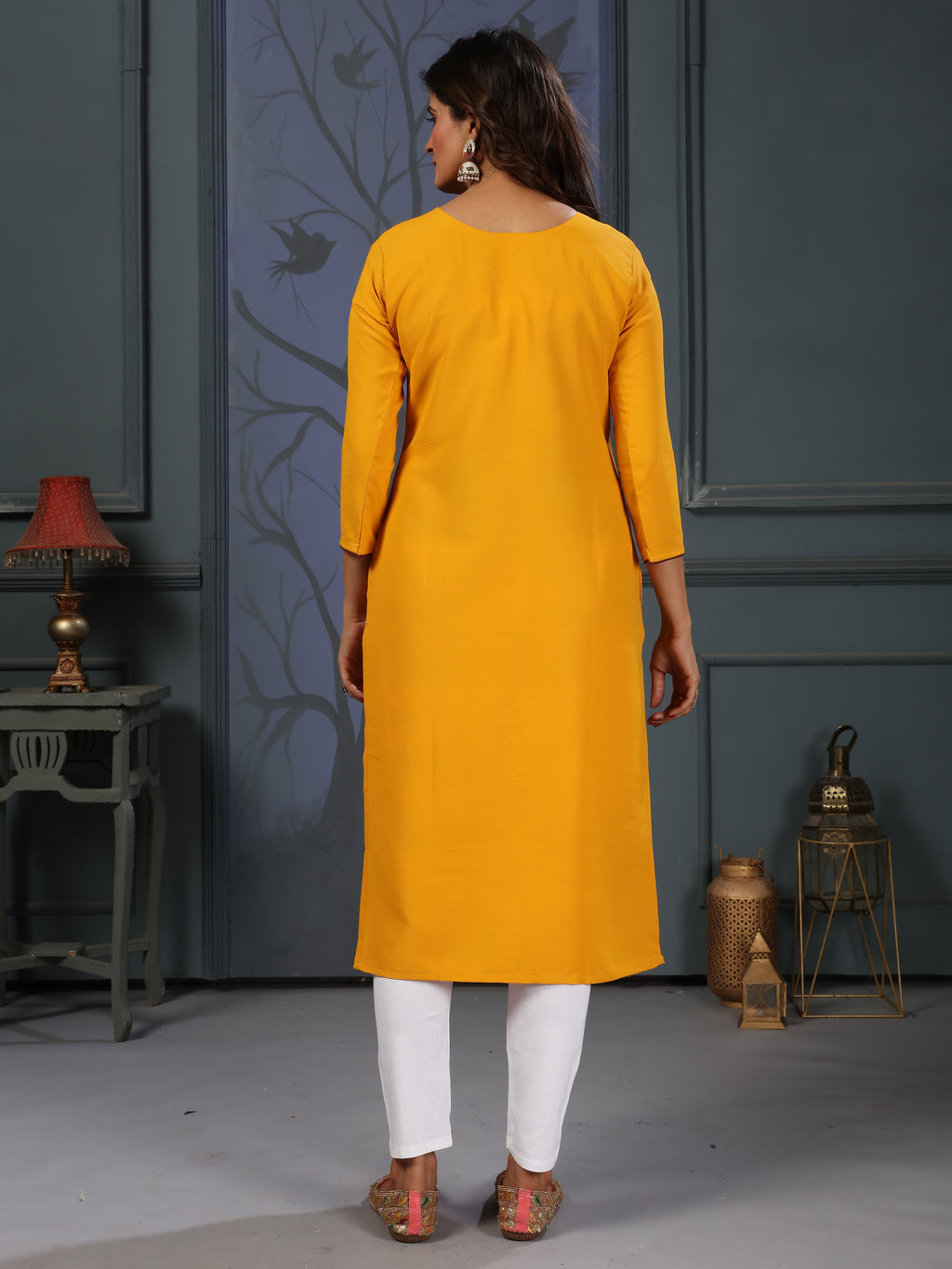Daily Casual Wear Mustard Yellow Cotton Handwork Embroidery Kurta for Women