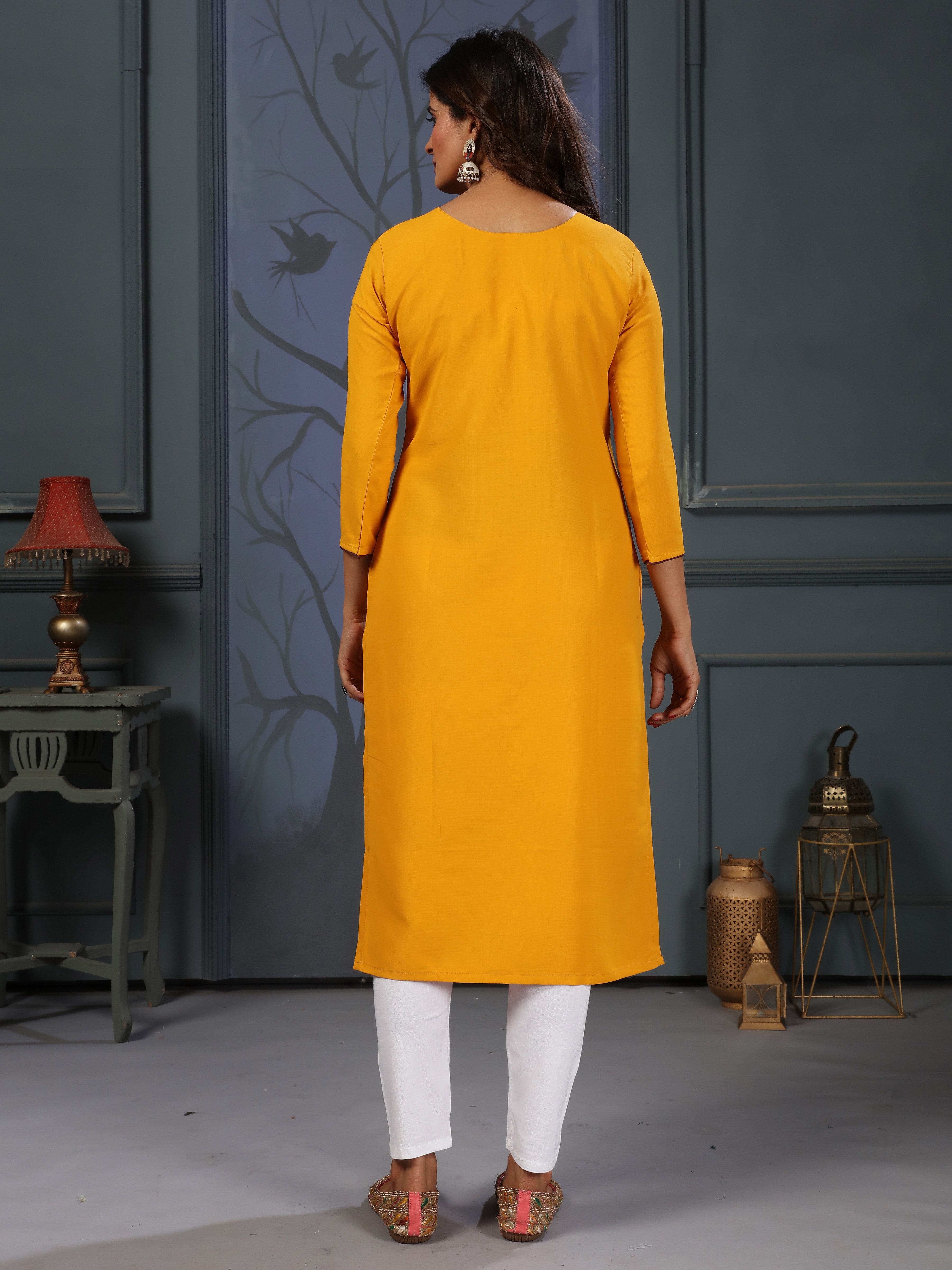 Daily Casual Wear Mustard Yellow Cotton Handwork Embroidery Kurta for Women