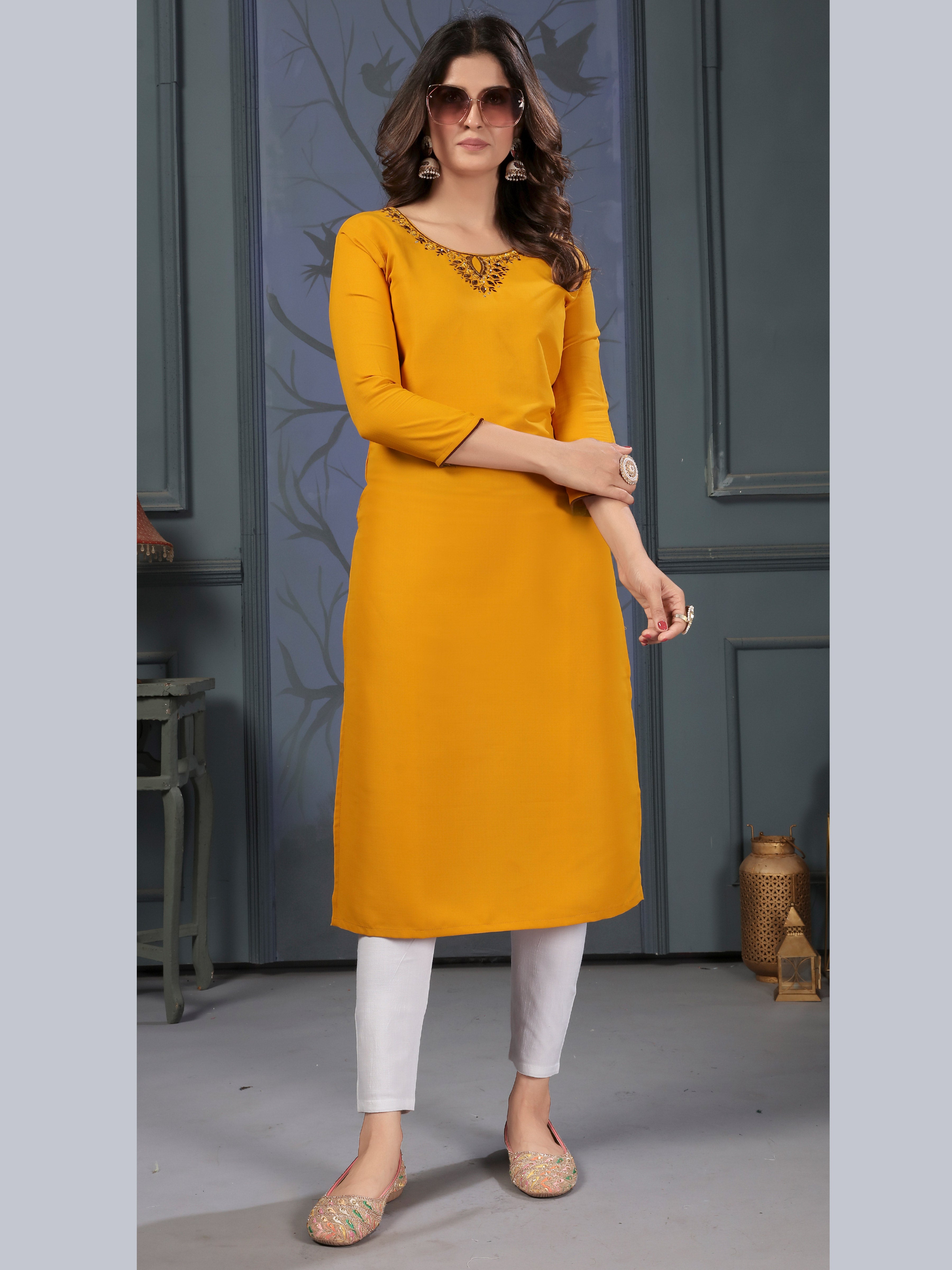 Daily Casual Wear Mustard Yellow Cotton Handwork Embroidery Kurta for Women