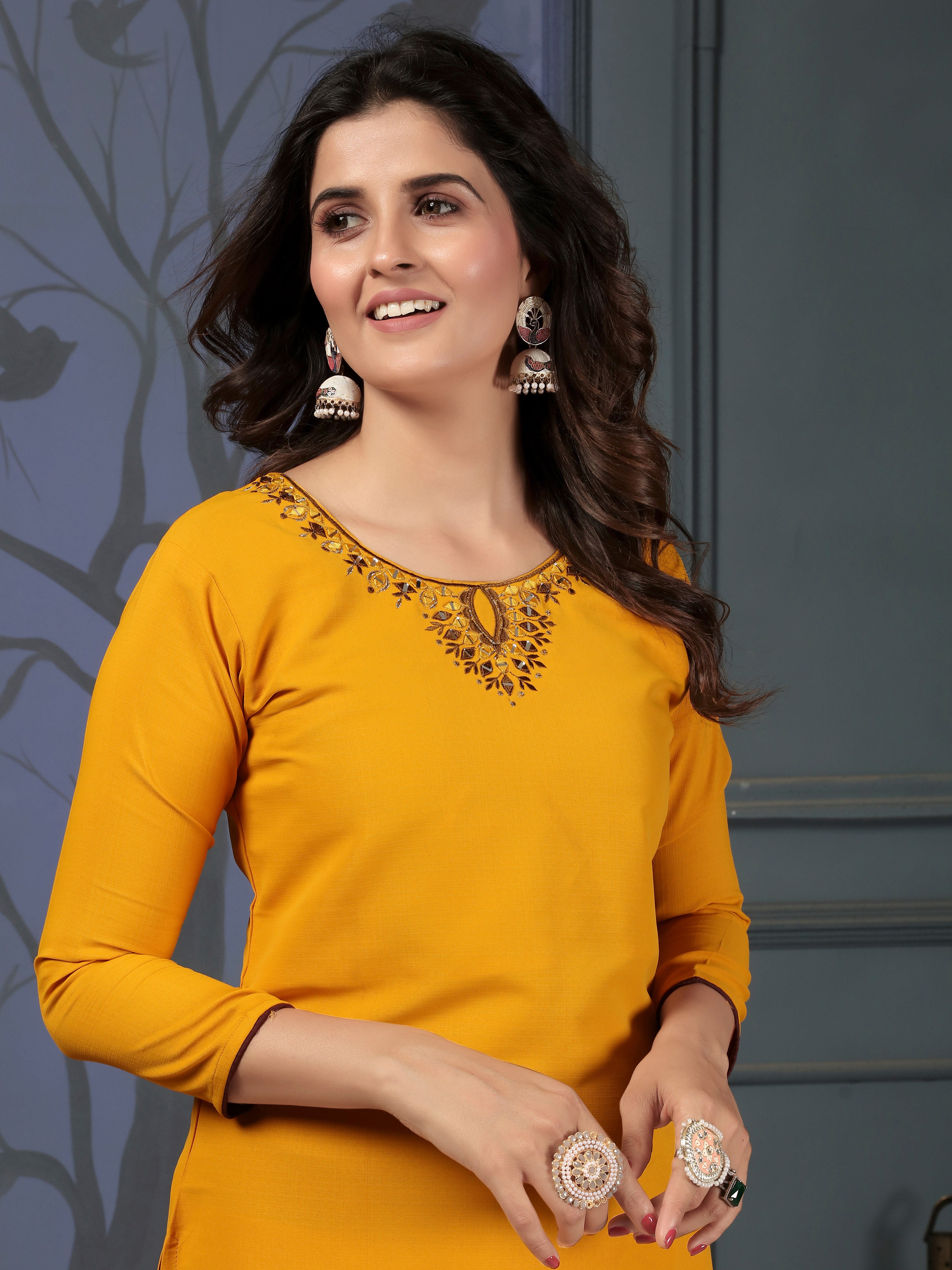 Daily Casual Wear Mustard Yellow Cotton Handwork Embroidery Kurta for Women