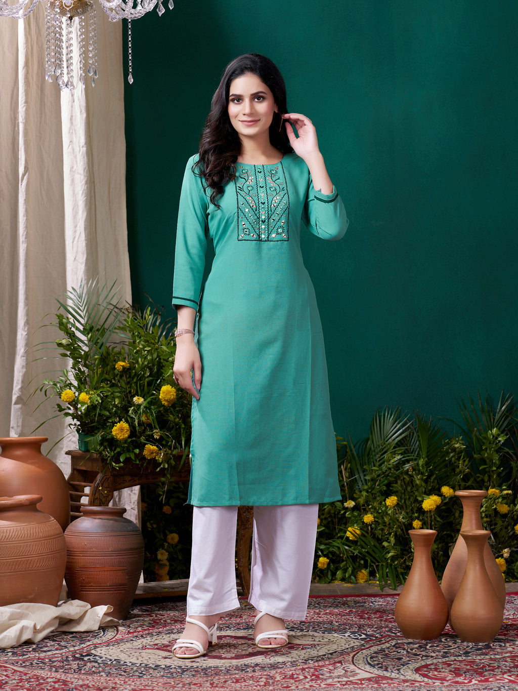 Cyan Stylish Cotton Mirror Work Kurta for Women Daily Wear Ethnic Outfit