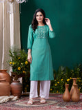 Cyan Cotton Mirror Embellished Kurta Set for Women – Stylish Daily Wear Ethnic Outfit