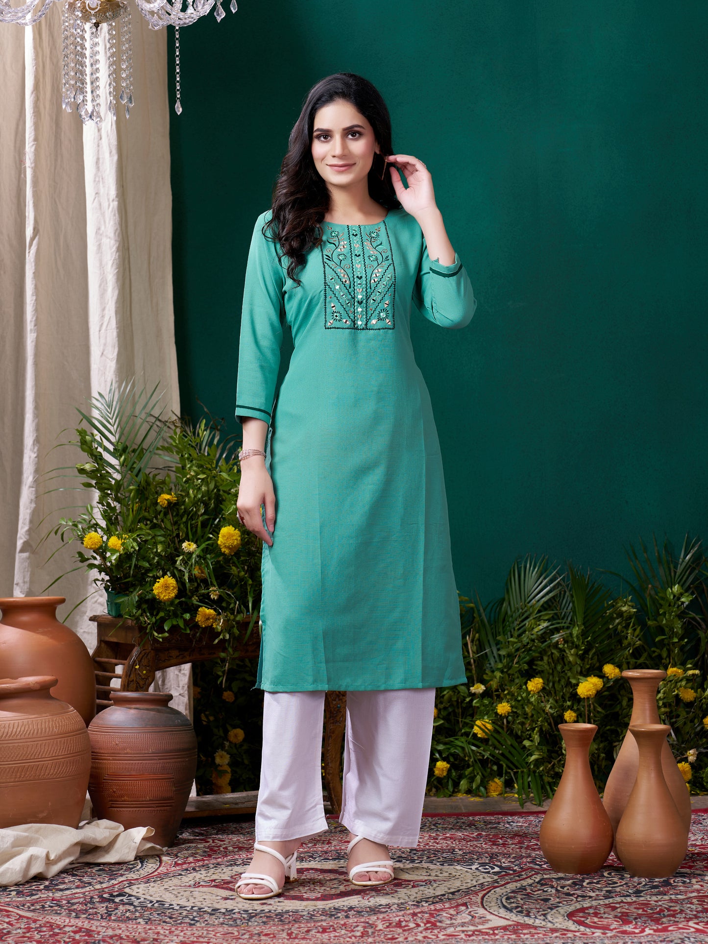 Cyan Stylish Cotton Mirror Work Kurta for Women Daily Wear Ethnic Outfit