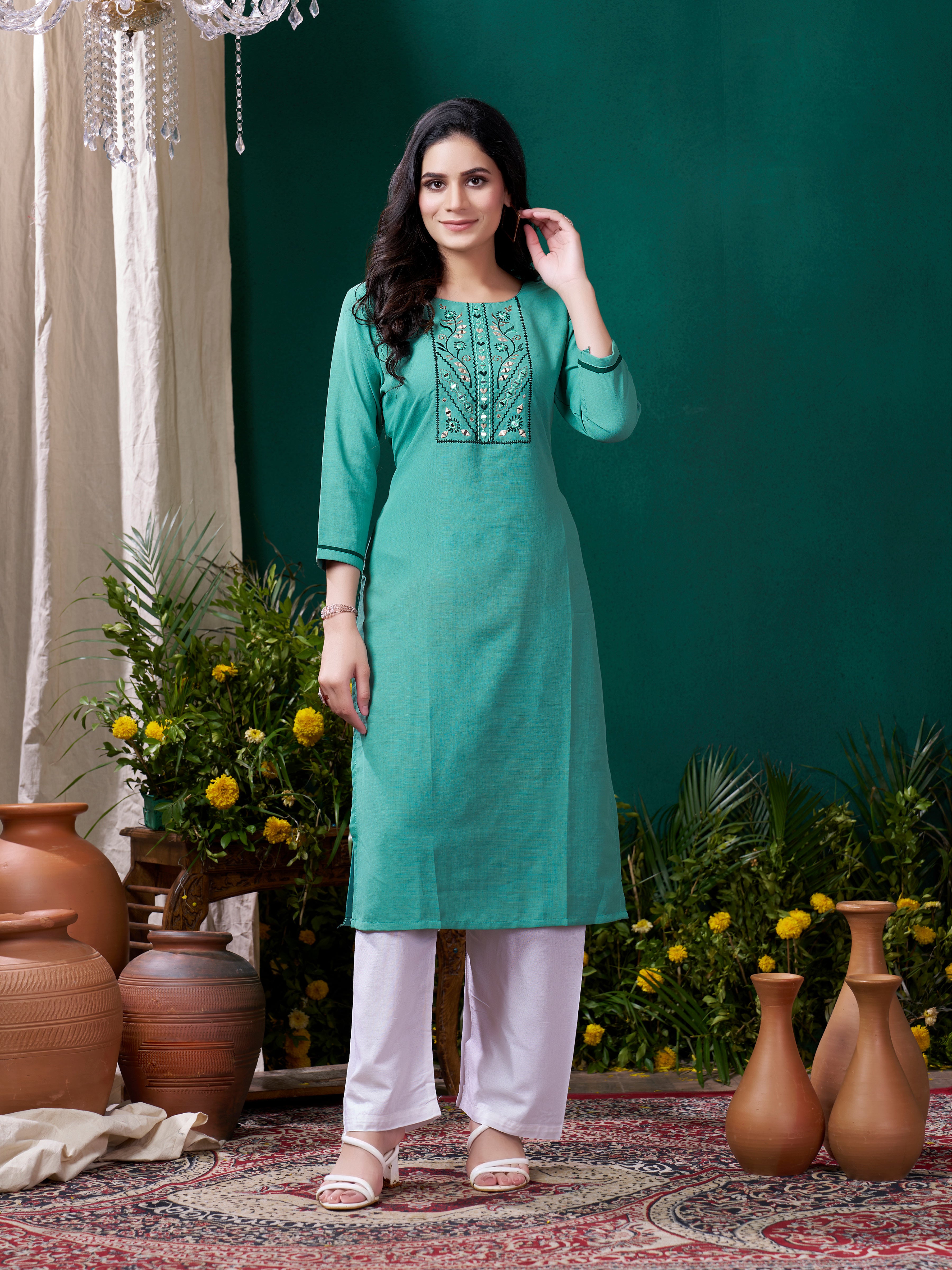 Cyan Stylish Cotton Mirror Work Kurta for Women Daily Wear Ethnic Outfit