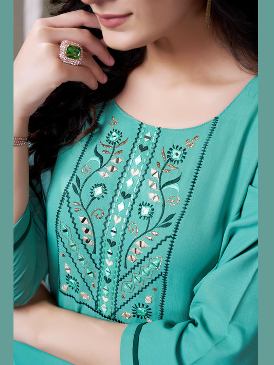 Cyan Cotton Mirror Embellished Kurta Set for Women – Stylish Daily Wear Ethnic Outfit