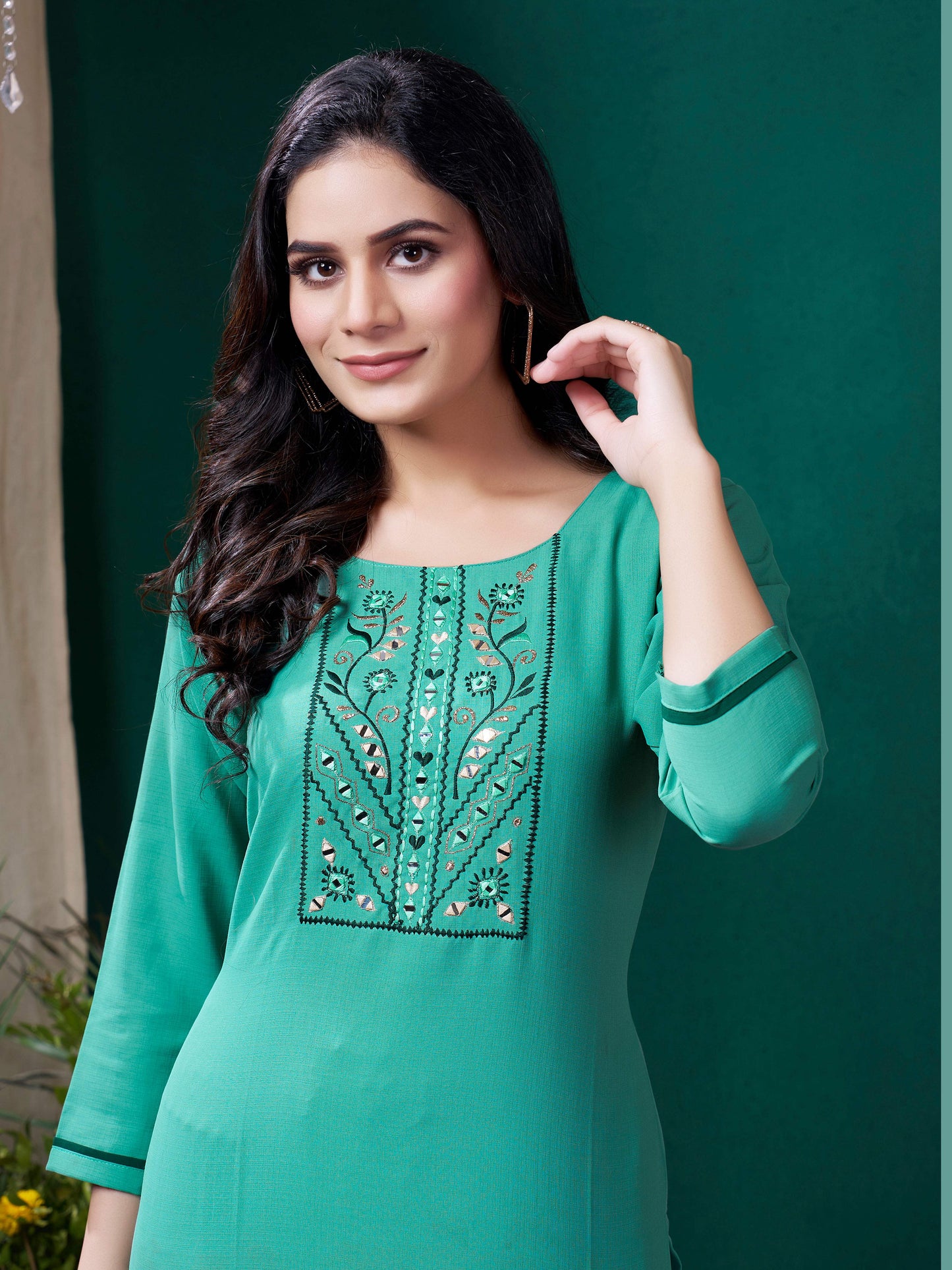 Cyan Stylish Cotton Mirror Work Kurta for Women Daily Wear Ethnic Outfit