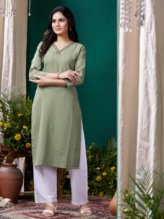 Olive Green Cotton Mirror Embellished Kurta Set for Women – Stylish Daily Wear Ethnic Outfit