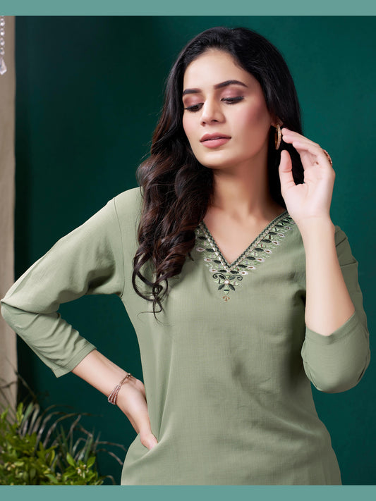 Olive Green Cotton Mirror Embellished Kurta Set for Women – Stylish Daily Wear Ethnic Outfit