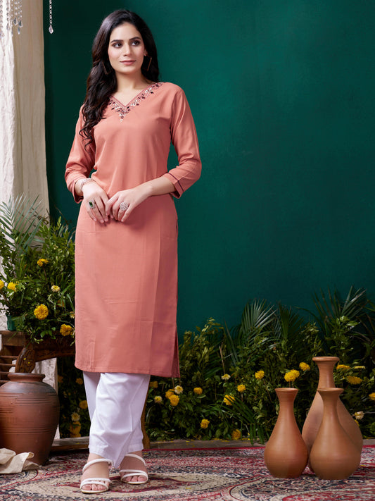 Peach Cotton Mirror Embellished Kurta Set for Women – Stylish Daily Wear Ethnic Outfit