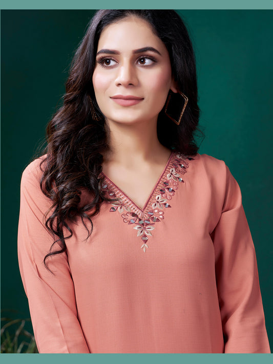 Peach Cotton Mirror Embellished Kurta Set for Women – Stylish Daily Wear Ethnic Outfit