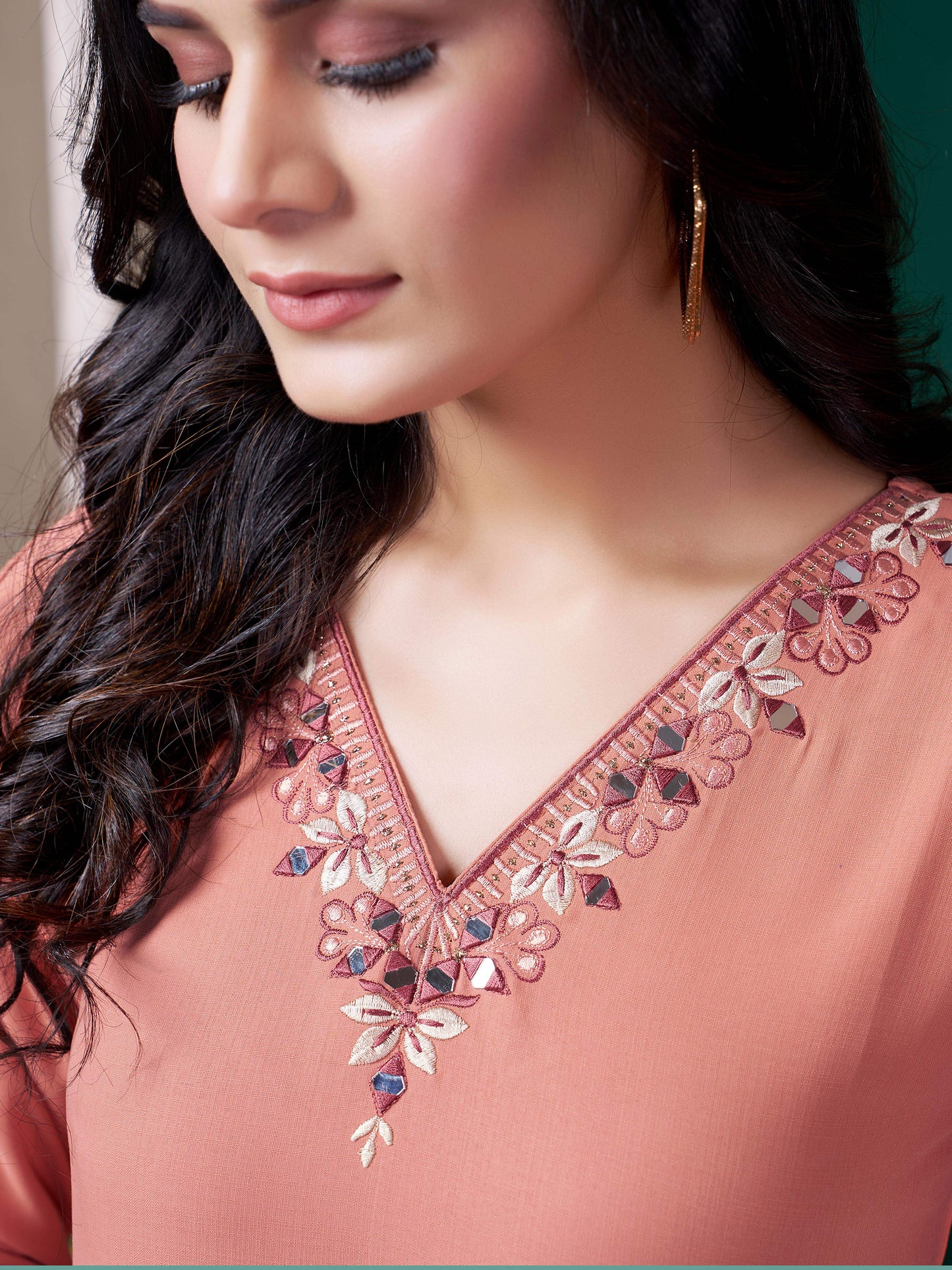 Peach Cotton Mirror Embellished Kurta Set for Women – Stylish Daily Wear Ethnic Outfit