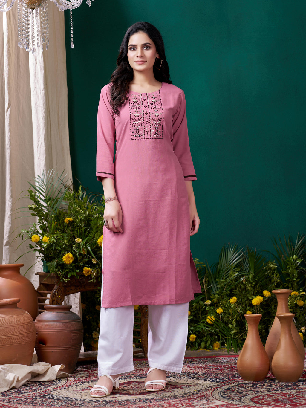 Pink Cotton Mirror Embellished Kurta Set for Women – Stylish Daily Wear Ethnic Outfit