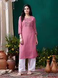 Pink Cotton Mirror Embellished Kurta Set for Women – Stylish Daily Wear Ethnic Outfit