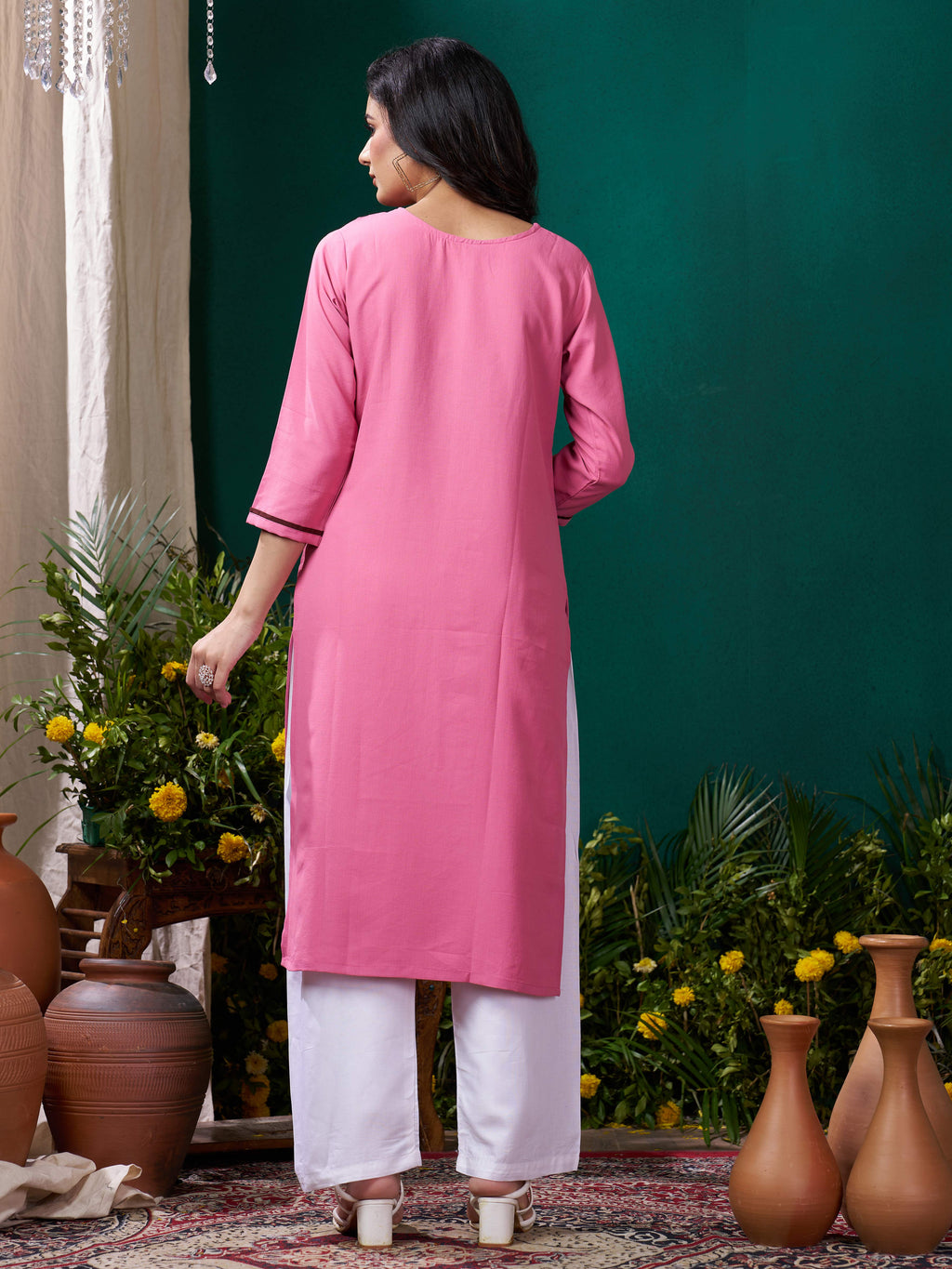 Pink Cotton Mirror Embellished Kurta Set for Women – Stylish Daily Wear Ethnic Outfit