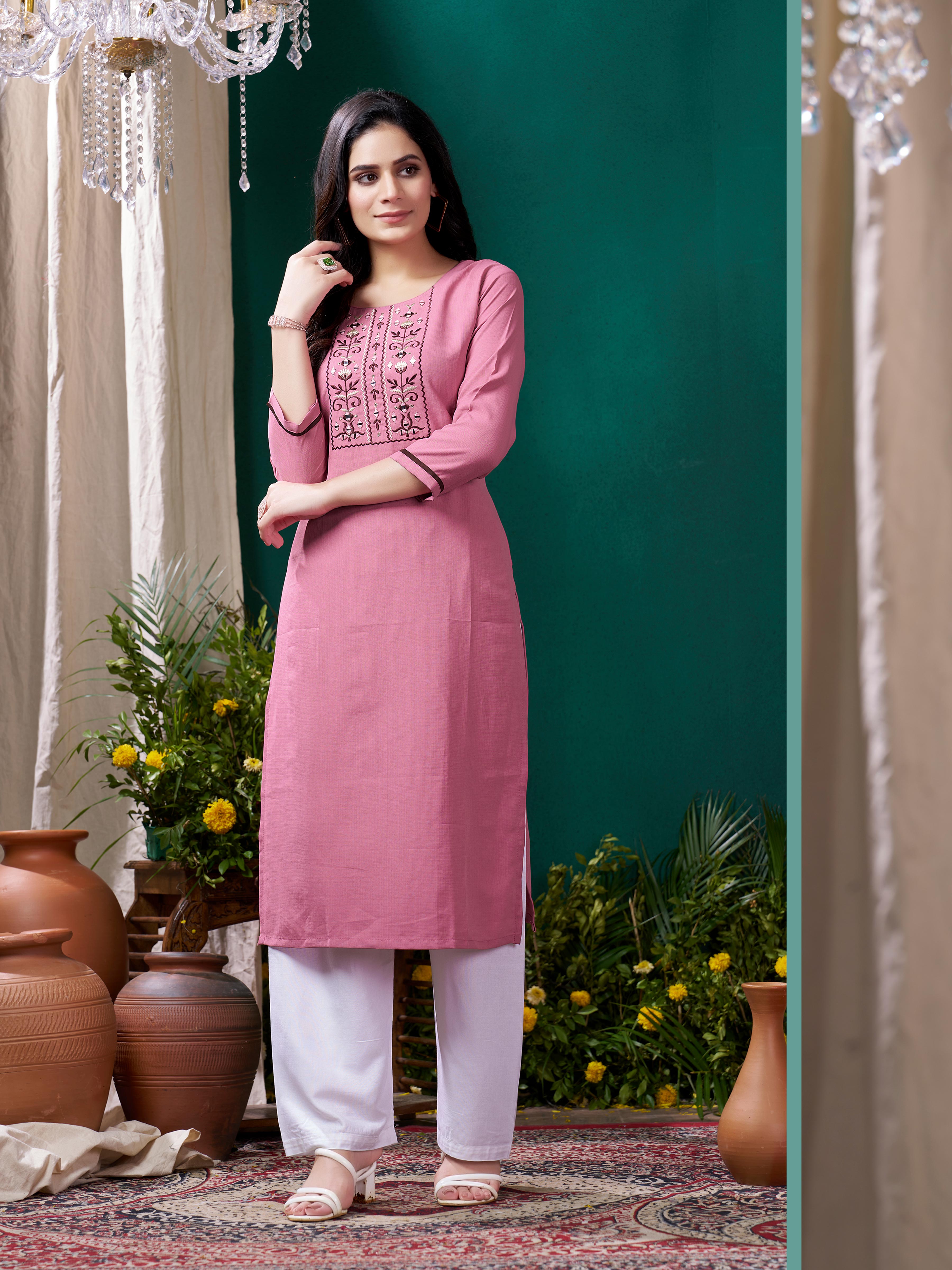 Pink Cotton Mirror Embellished Kurta Set for Women – Stylish Daily Wear Ethnic Outfit