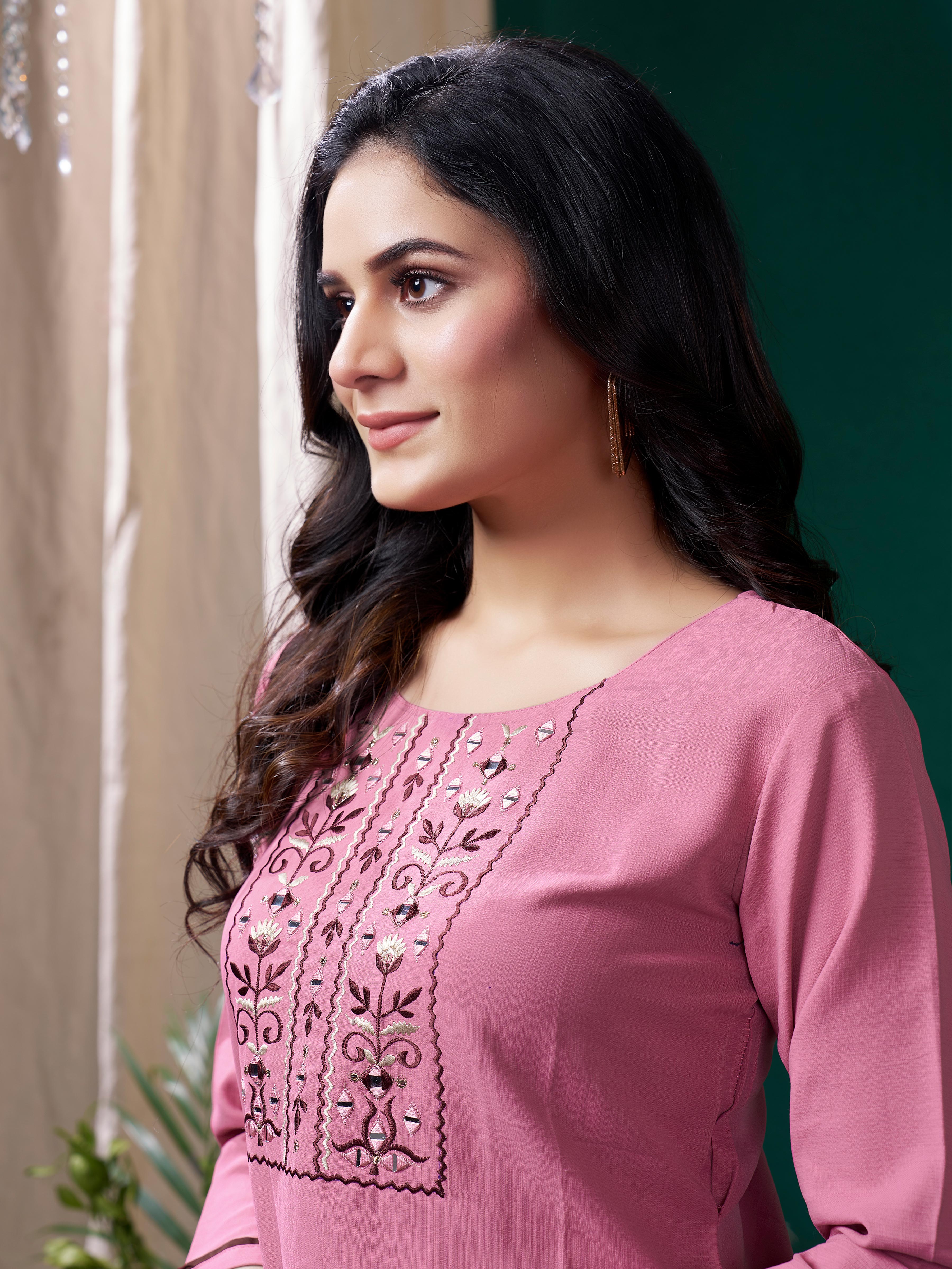 Pink Cotton Mirror Embellished Kurta Set for Women – Stylish Daily Wear Ethnic Outfit