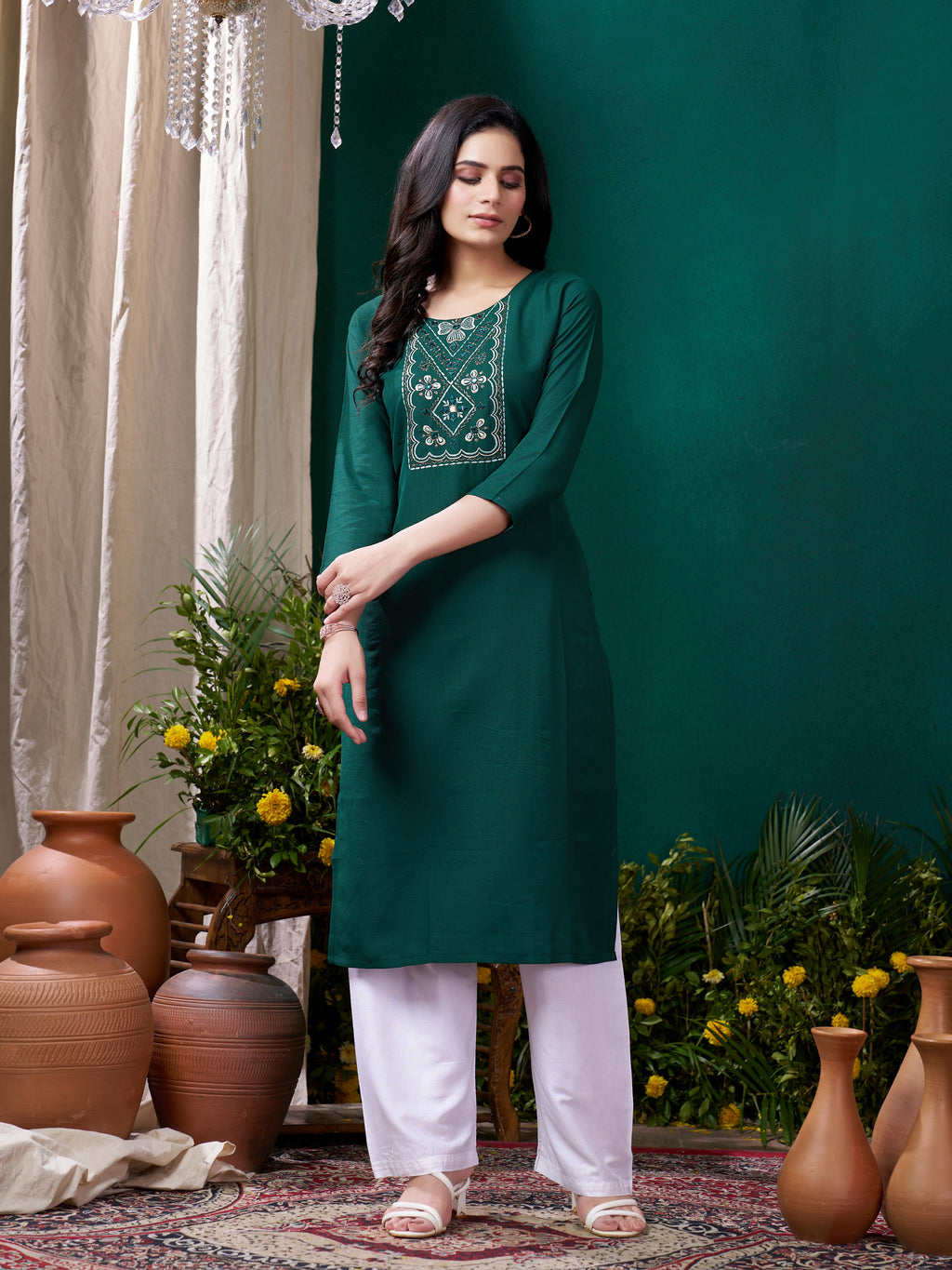Green Cotton Mirror Embellished Kurta Set for Women – Stylish Daily Wear Ethnic Outfit