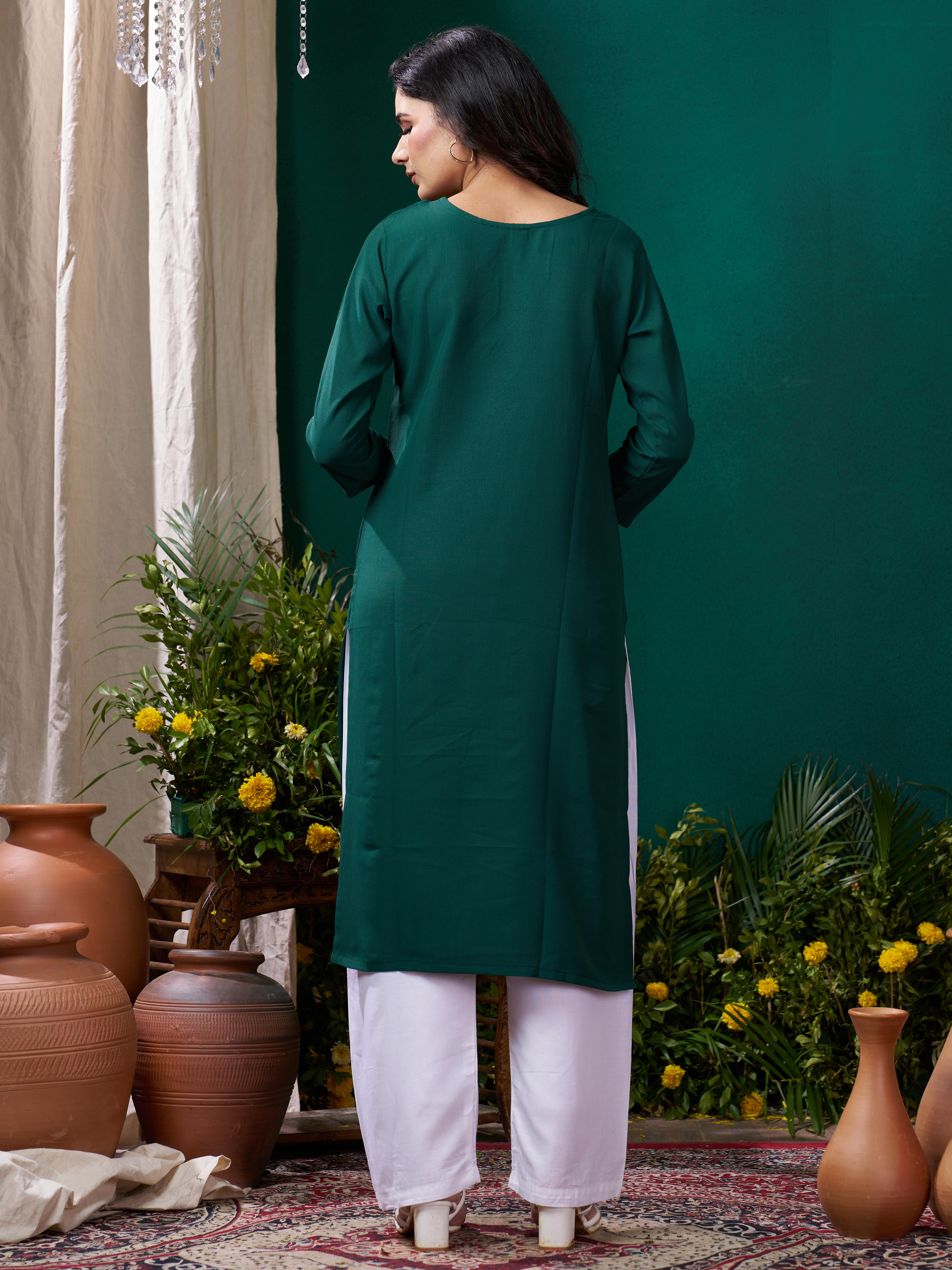 Green Cotton Mirror Embellished Kurta Set for Women – Stylish Daily Wear Ethnic Outfit