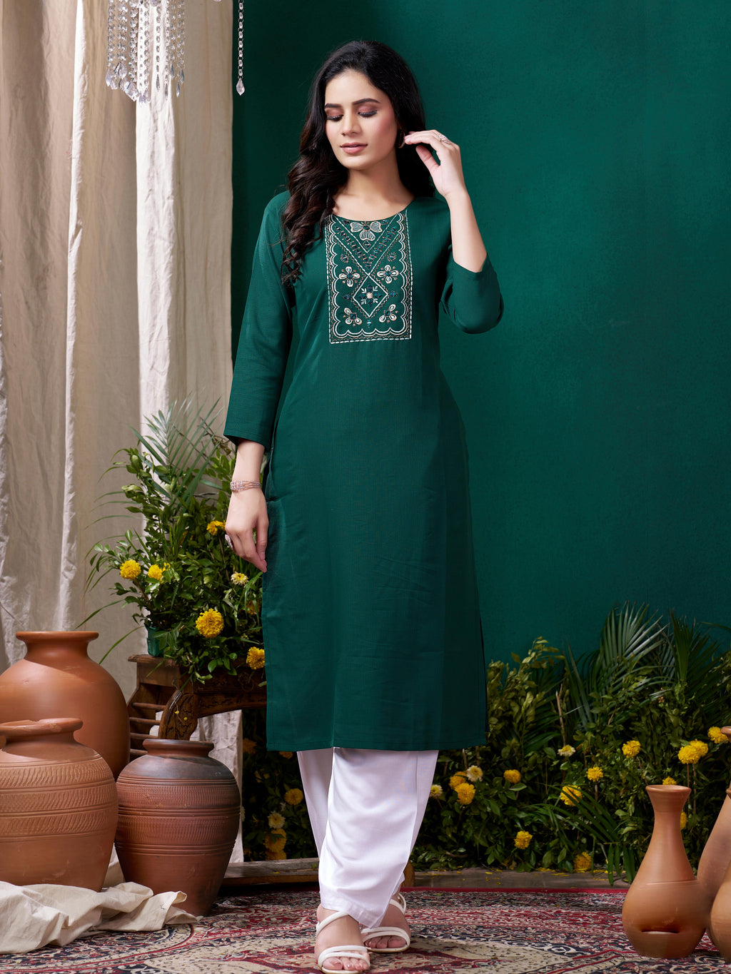 Green Cotton Mirror Embellished Kurta Set for Women – Stylish Daily Wear Ethnic Outfit