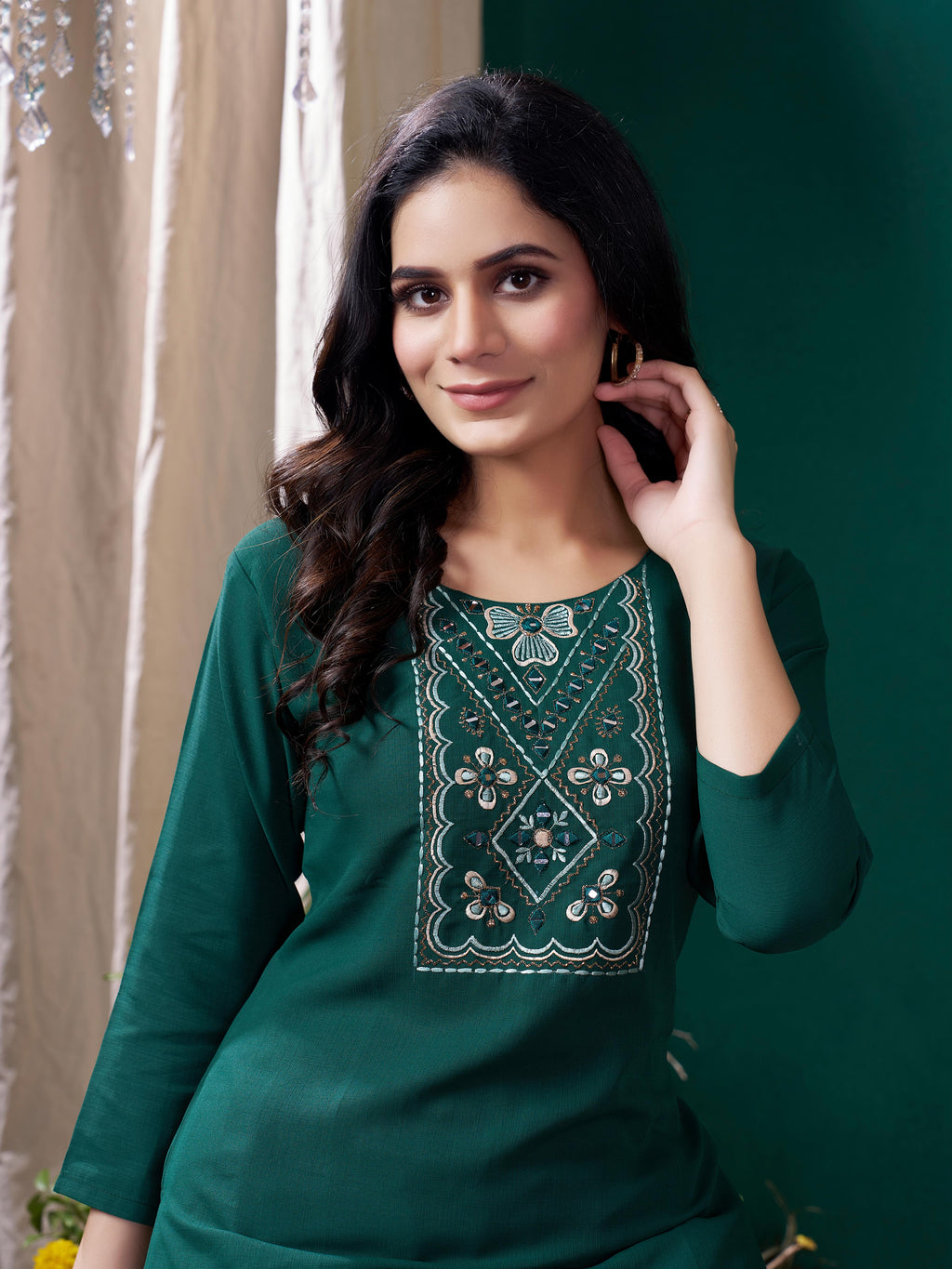 Green Cotton Mirror Embellished Kurta Set for Women – Stylish Daily Wear Ethnic Outfit