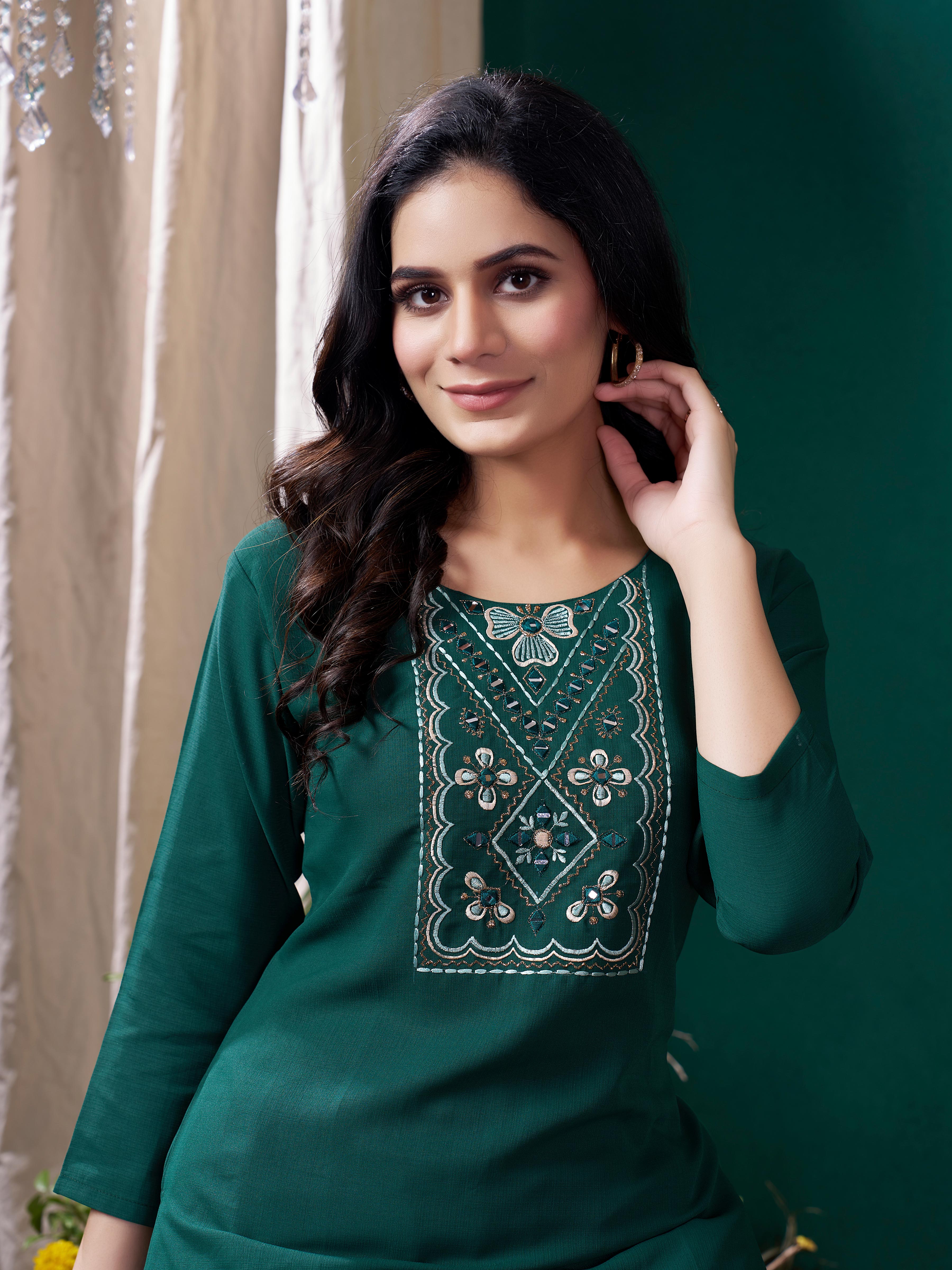 Green Cotton Mirror Embellished Kurta Set for Women – Stylish Daily Wear Ethnic Outfit