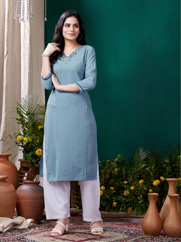 Blue Cotton Mirror Embellished Kurta Set for Women – Stylish Daily Wear Ethnic Outfit