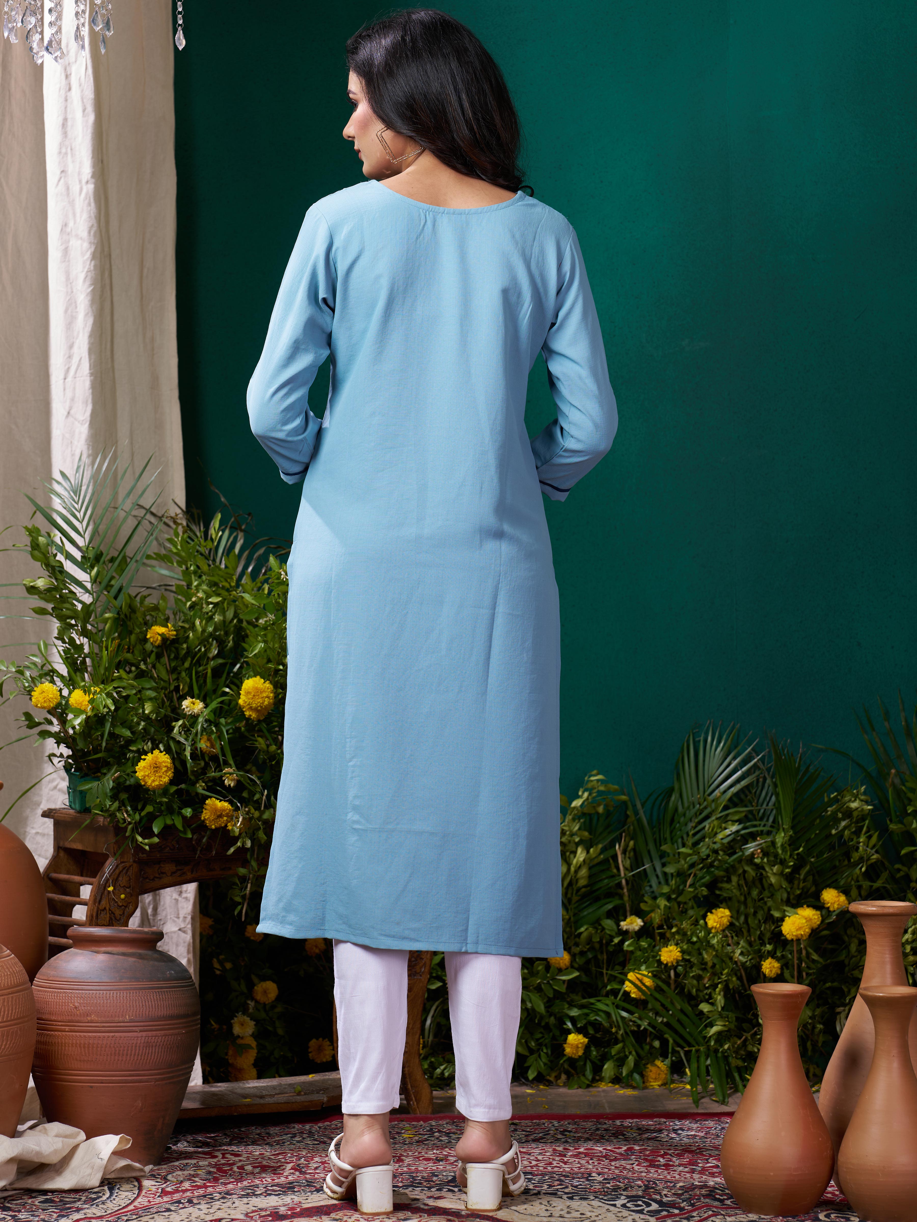 Blue Cotton Mirror Embellished Kurta Set for Women – Stylish Daily Wear Ethnic Outfit