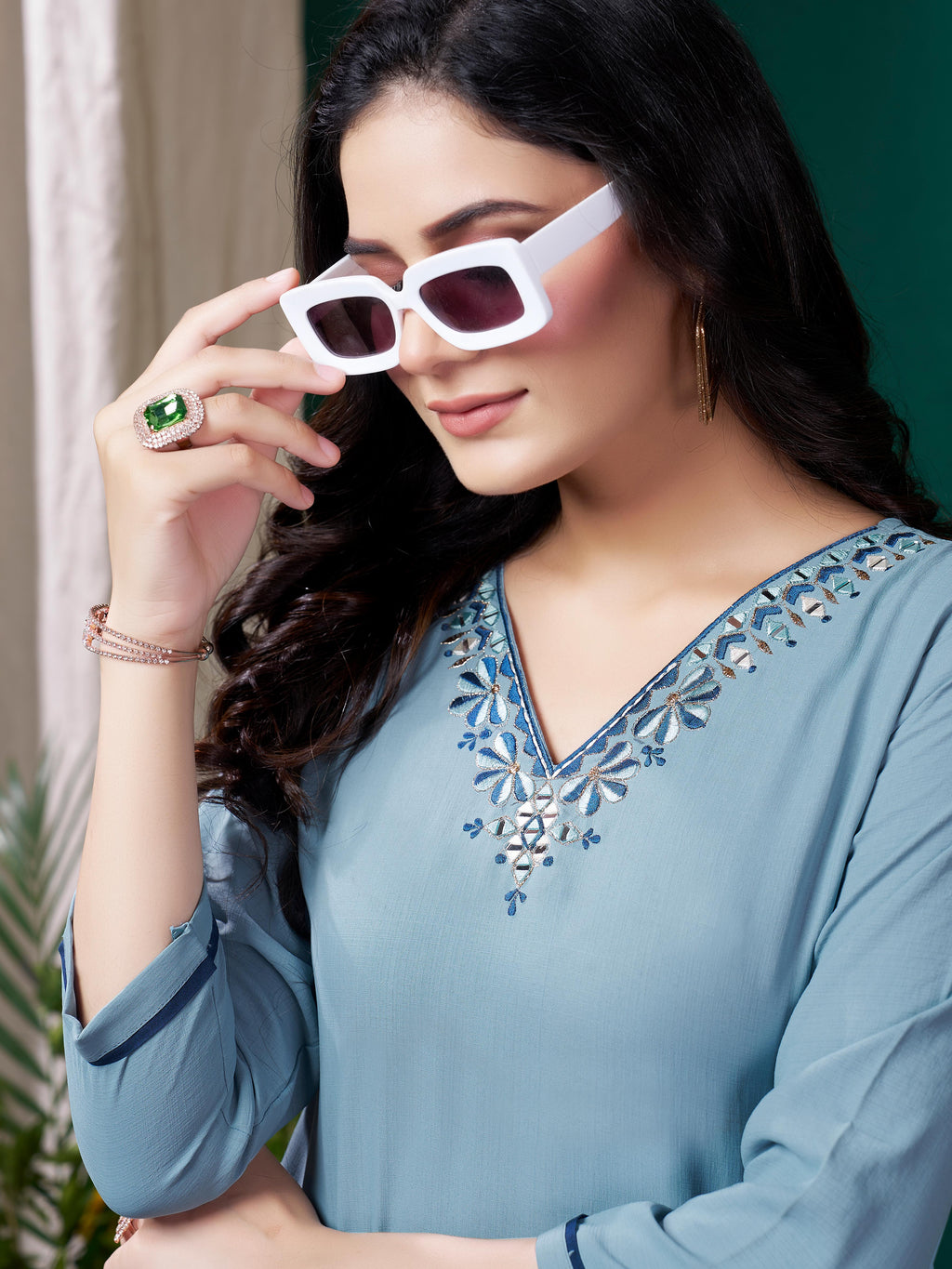 Blue Stylish Cotton Mirror Work Kurta for Women Daily Wear Ethnic Outfit