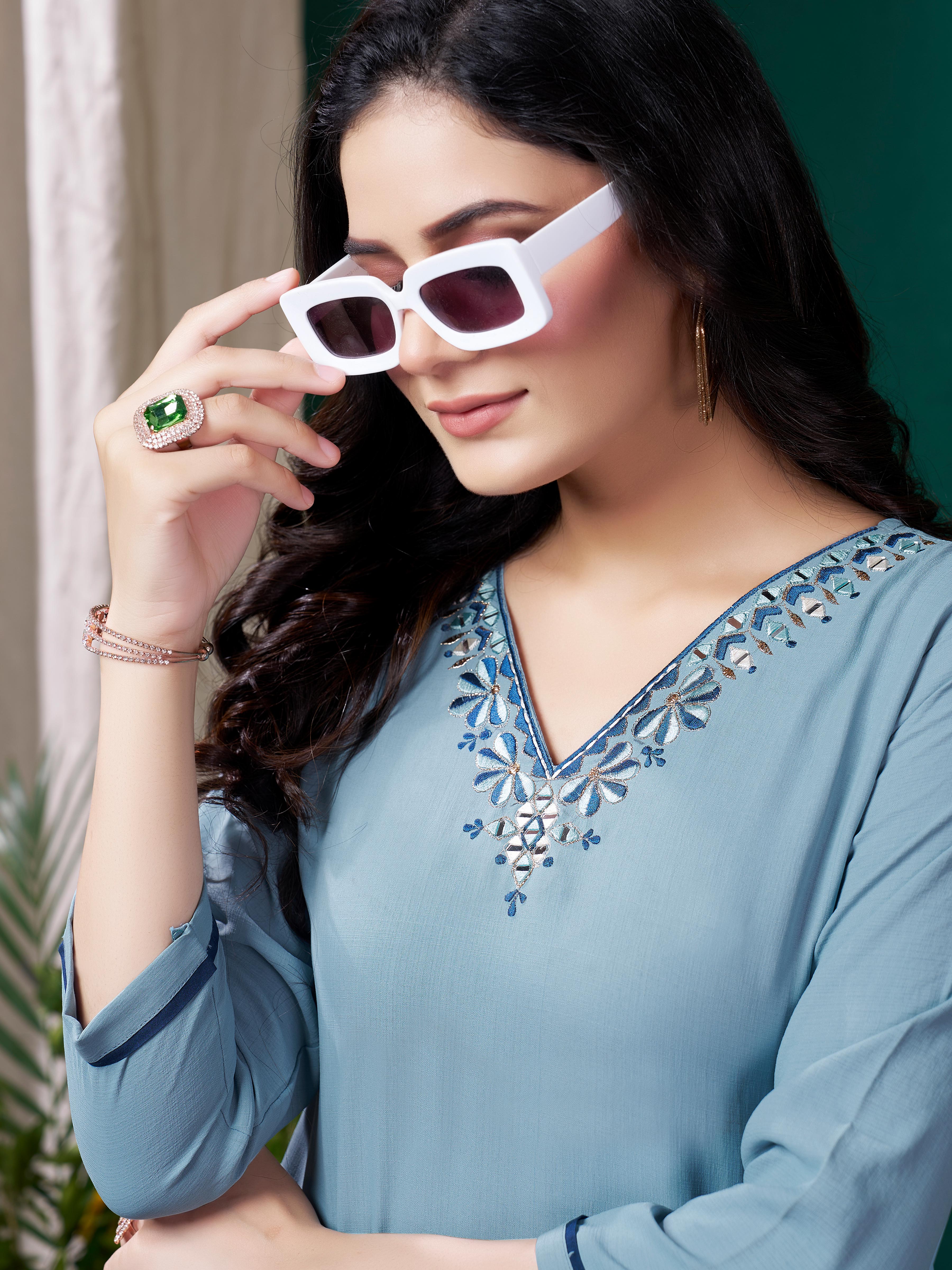Blue Cotton Mirror Embellished Kurta Set for Women – Stylish Daily Wear Ethnic Outfit
