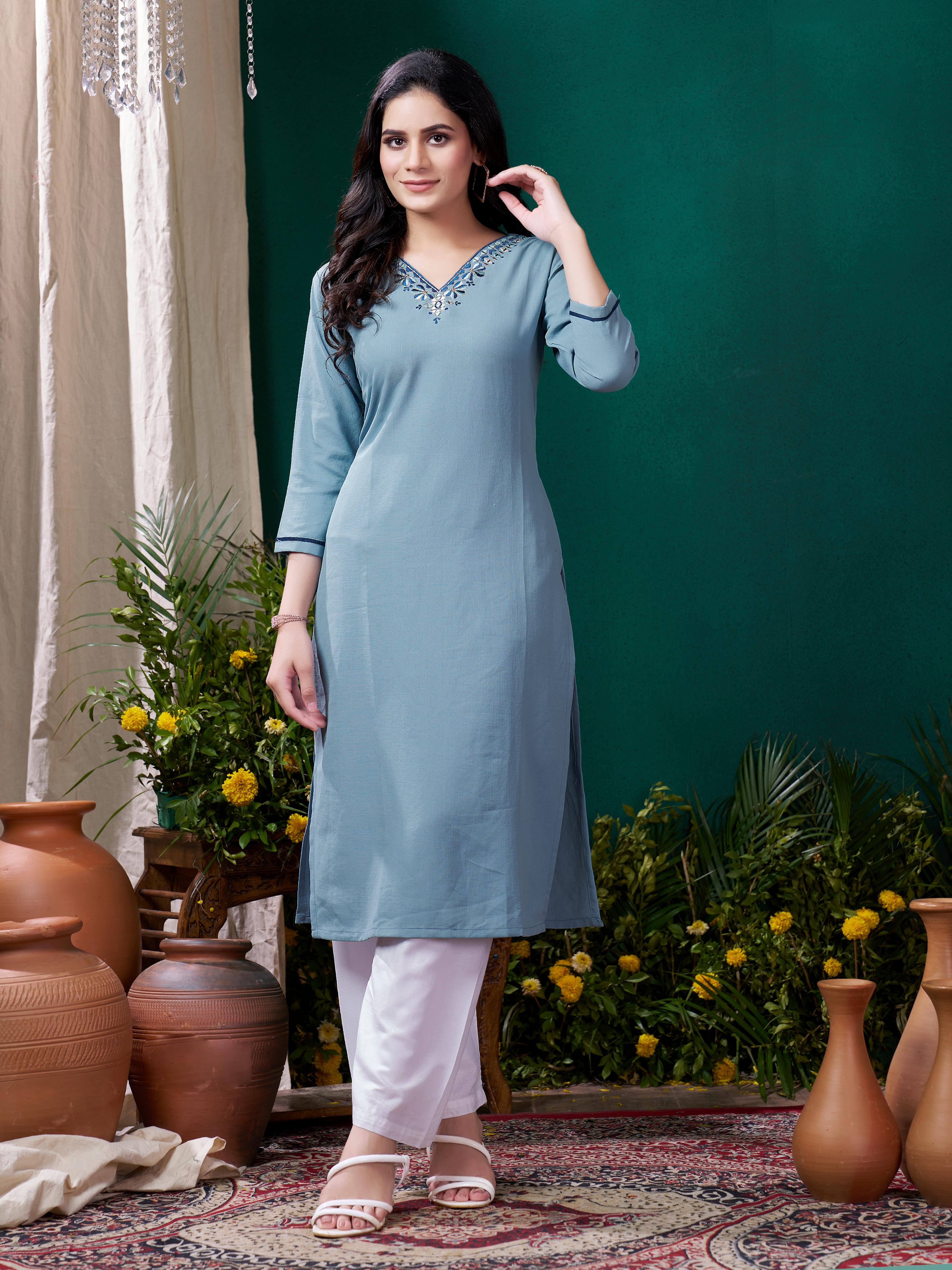 Blue Stylish Cotton Mirror Work Kurta for Women Daily Wear Ethnic Outfit