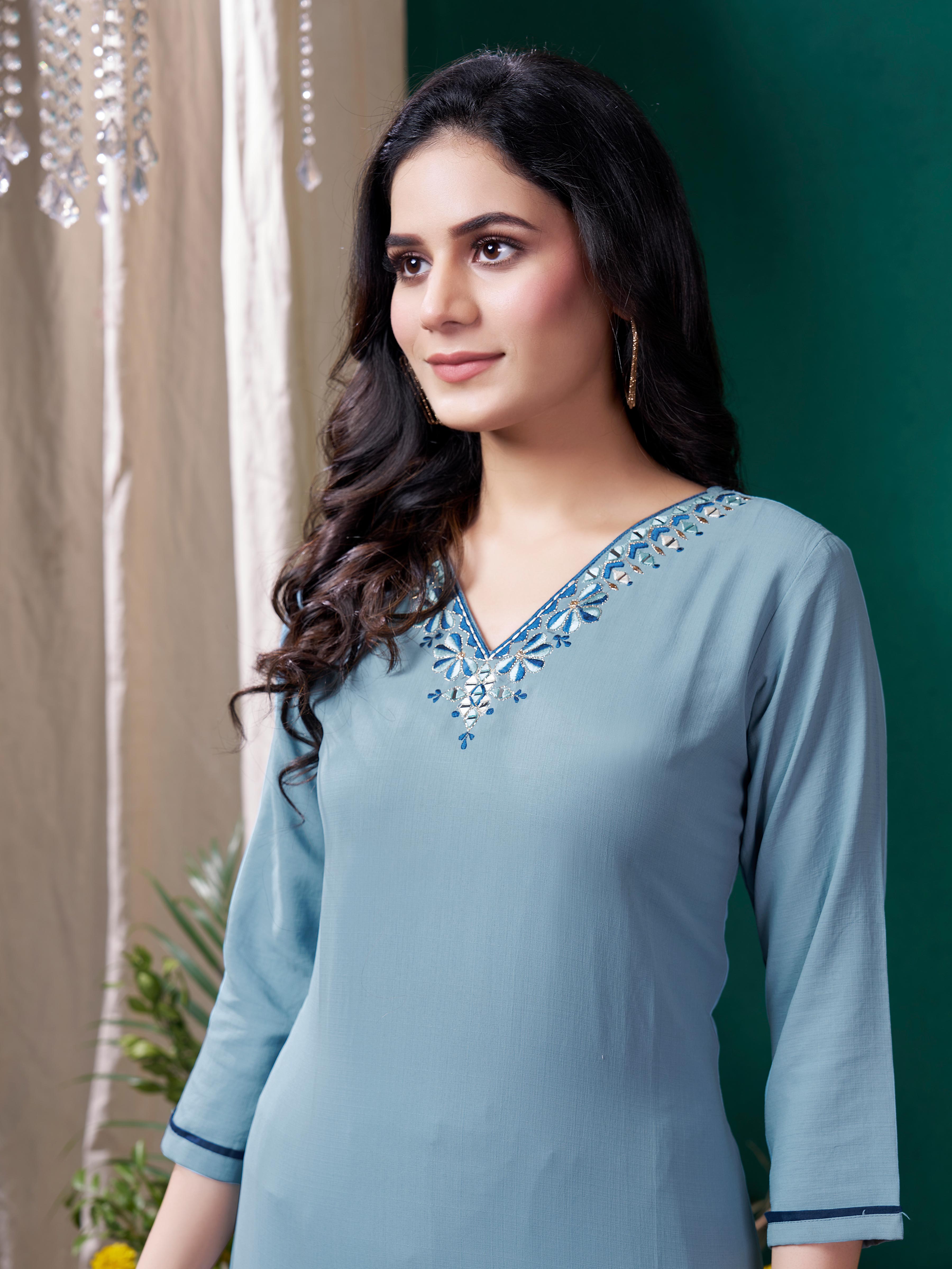 Blue Cotton Mirror Embellished Kurta Set for Women – Stylish Daily Wear Ethnic Outfit