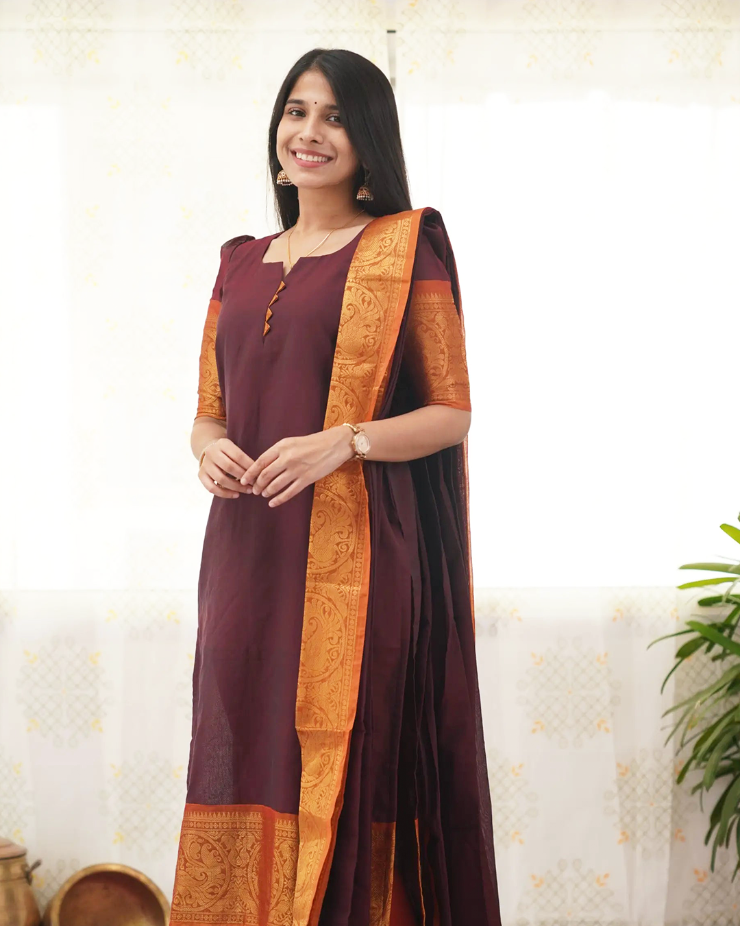 Maroon Kanchi Cotton Kurti with Golden Dupatta