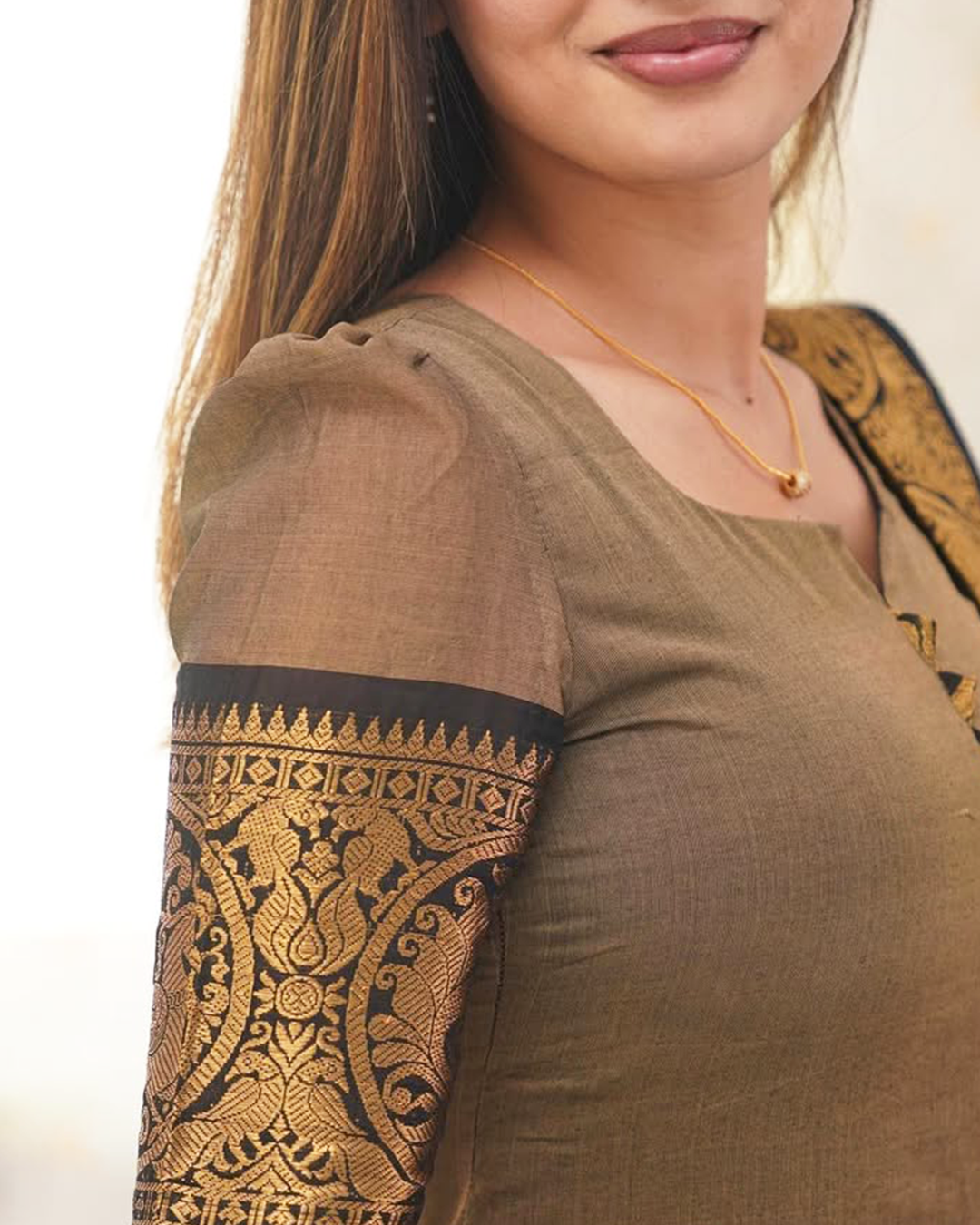 Brown Kanchi Cotton Kurti with Golden Woven Dupatta