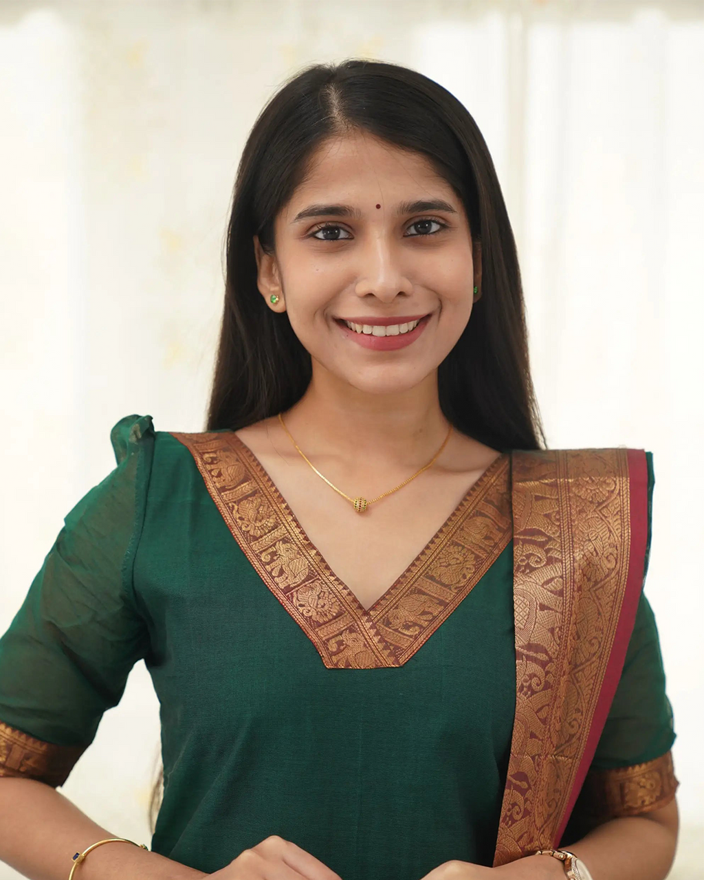 Bottle Green Kanchi Cotton Kurti with Golden Dupatta