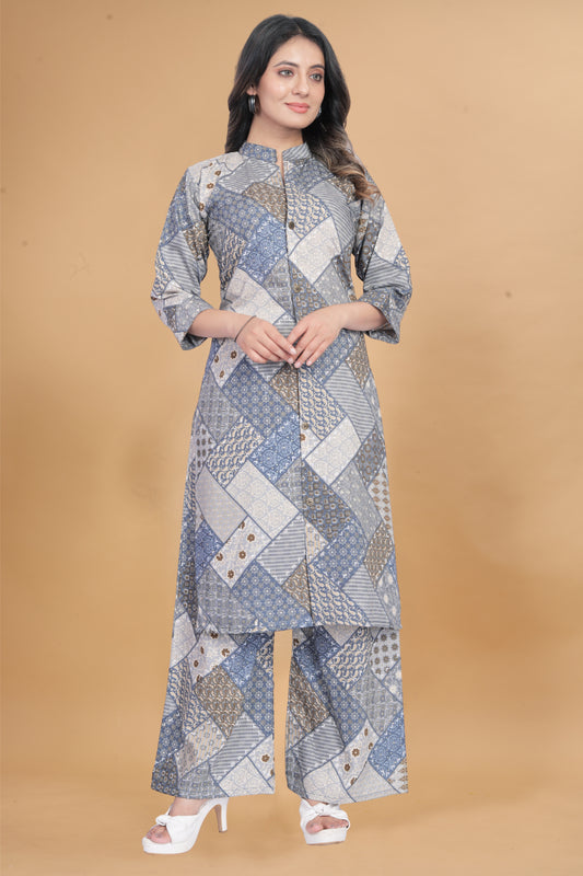 Grey Geometric Abstract Print Co-Ord Set in Muslin Fabric