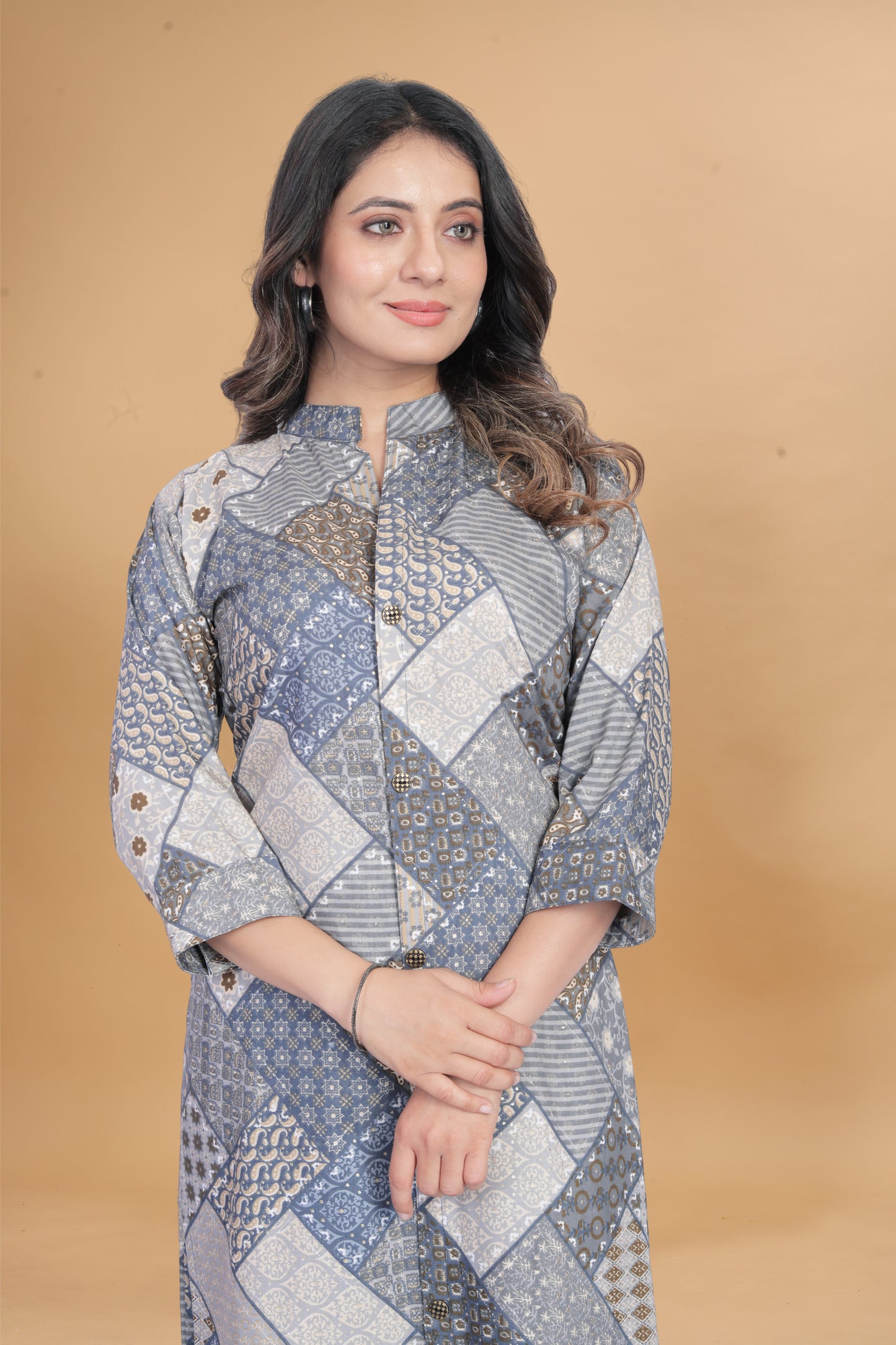 Grey Geometric Abstract Print Co-Ord Set in Muslin Fabric