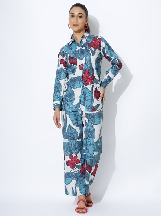 White & Blue Floral Print Co-ord Set – Stylish Summer Outfit