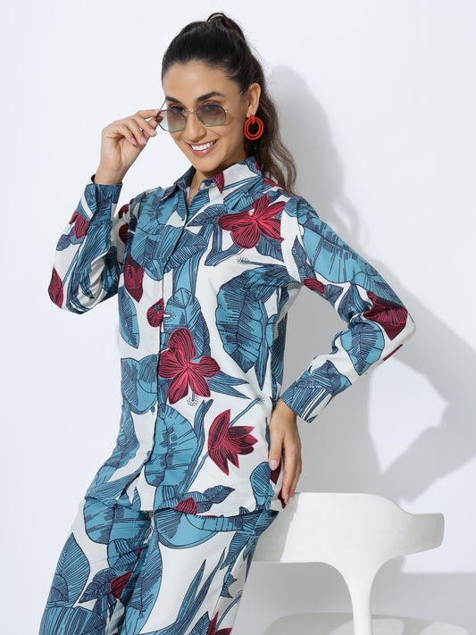 White & Blue Floral Print Co-ord Set – Stylish Summer Outfit
