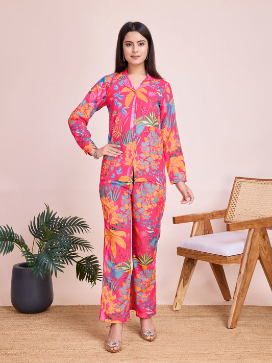 Pink Floral Print Rayon Co-ord Set – Stylish & Comfortable Outfit