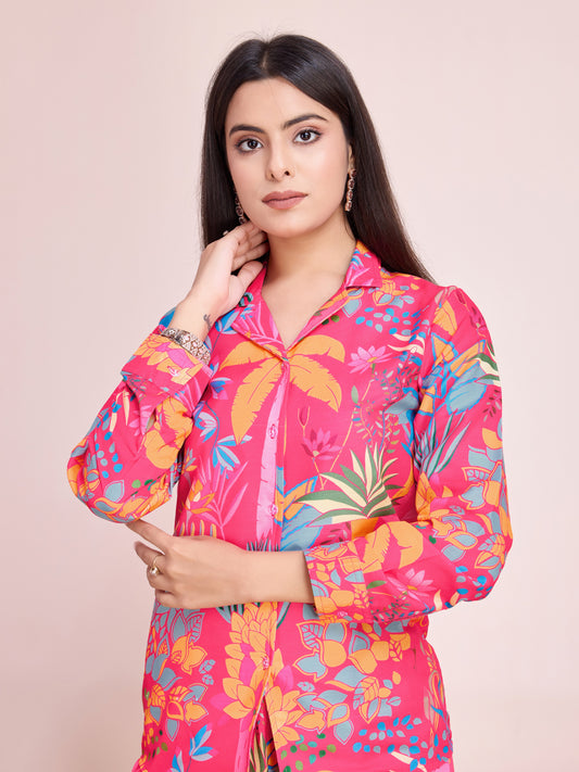 Pink Floral Print Rayon Co-ord Set – Stylish & Comfortable Outfit