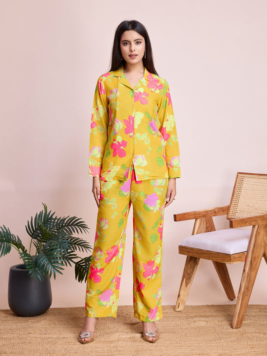 Mustard Yellow Floral Print Co-ord Set – Stylish Two-Piece Outfit for Women | Shop Now